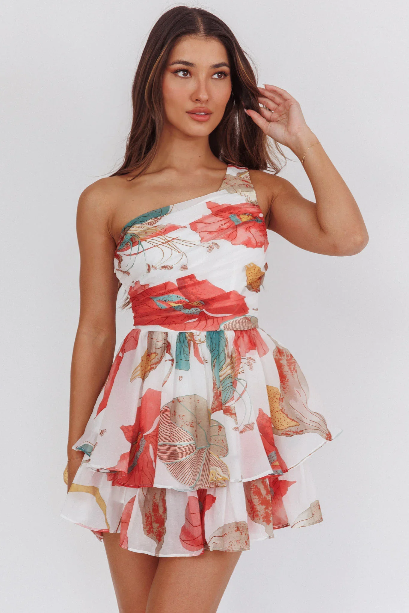 Raelene One-Shoulder Ruffle Romper Floral Red