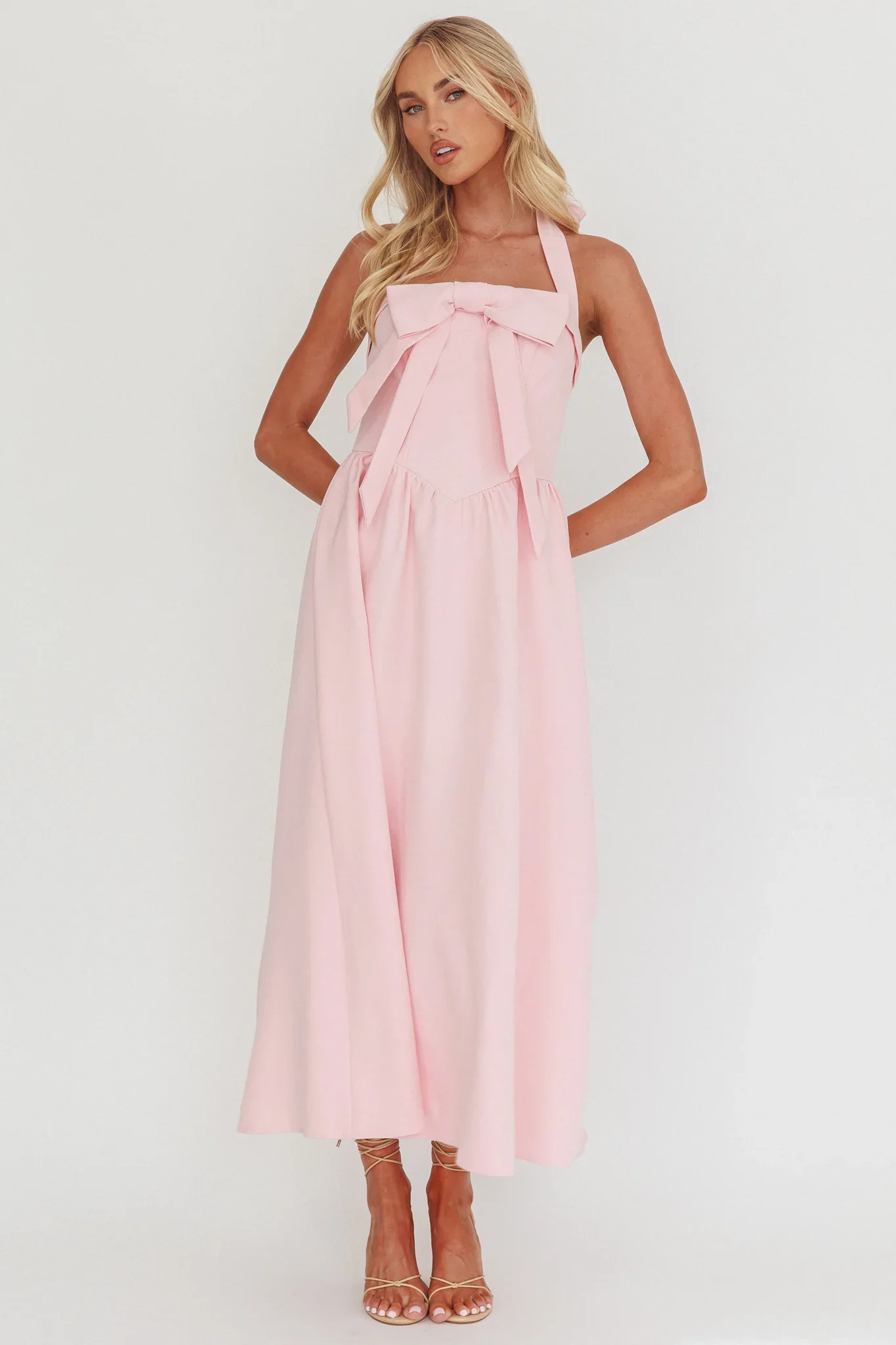Ariarna Bow Halter Maxi Dress Pink Sorbet