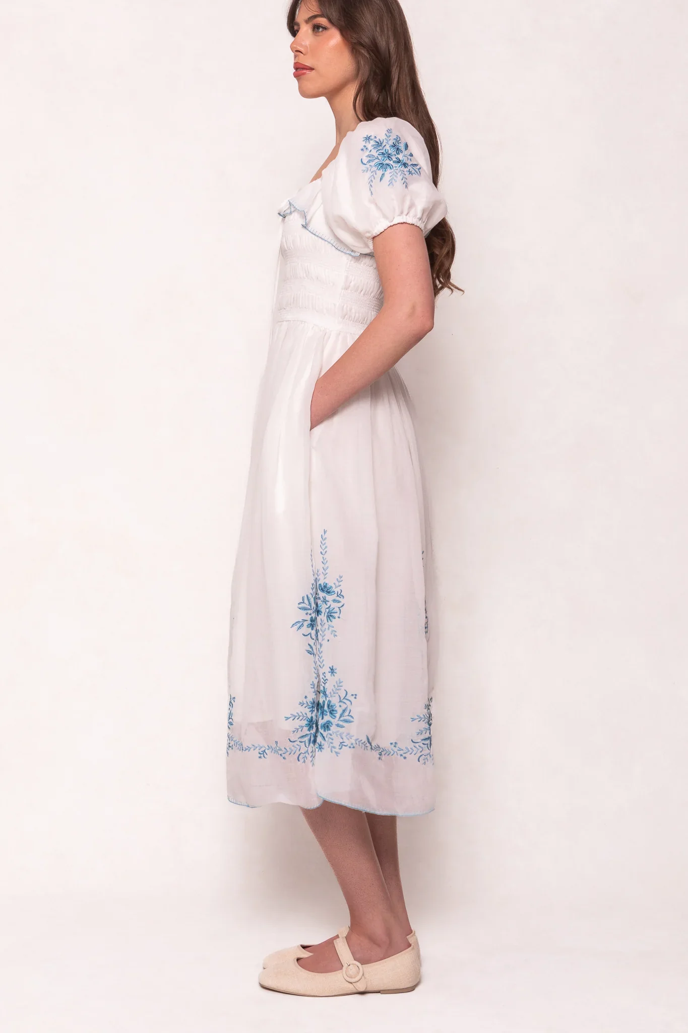 Mae Dress in White with Blue Floral