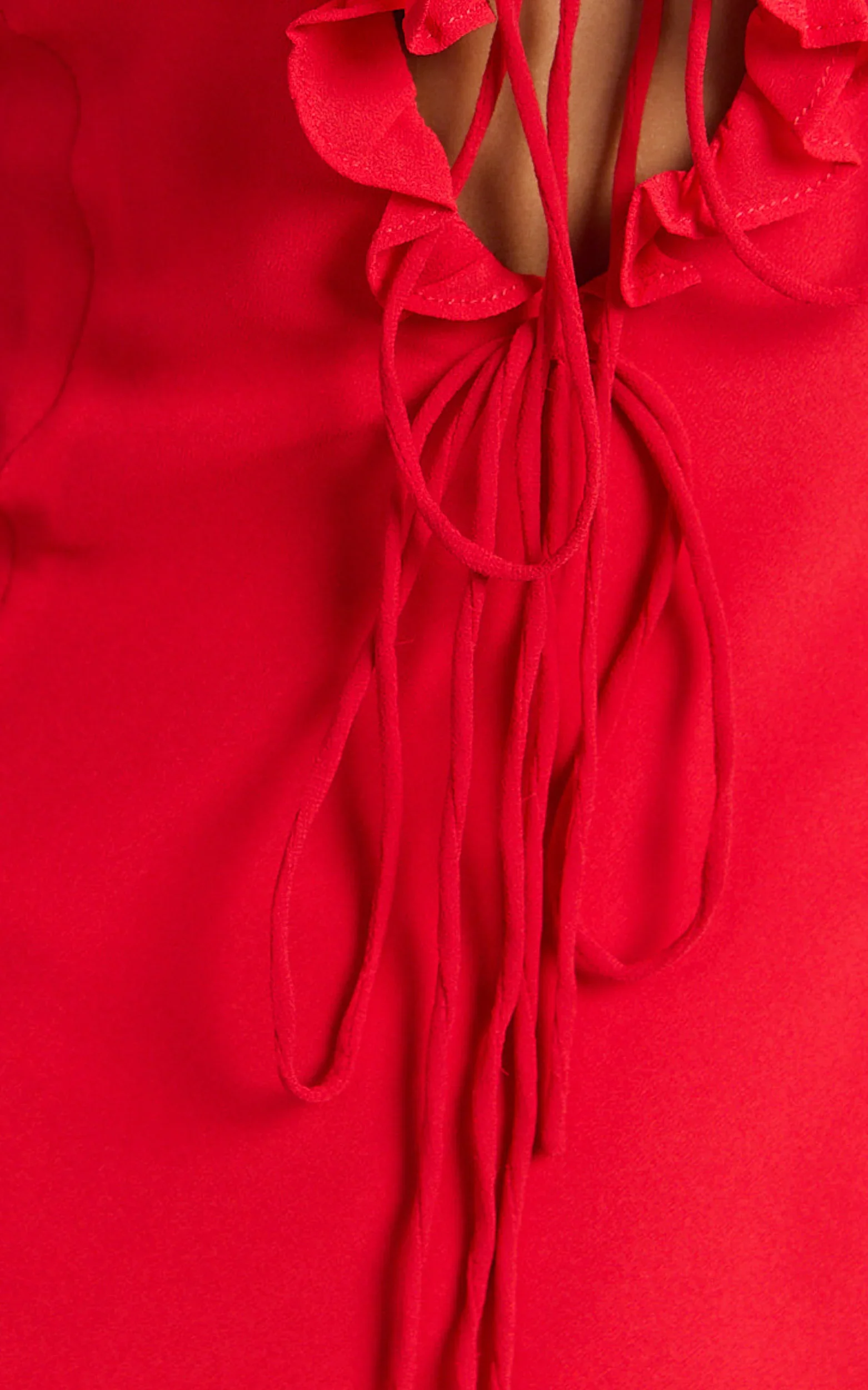 Alesya Mini Dress Ruffle Plunge Neck Long Sleeve Tie Detail Dress in Red