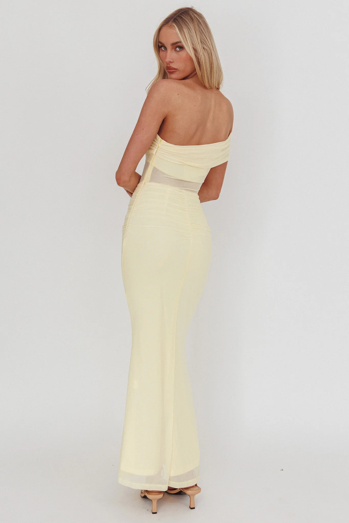 Gala One-Shoulder Sheer Waist Maxi Dress Yellow