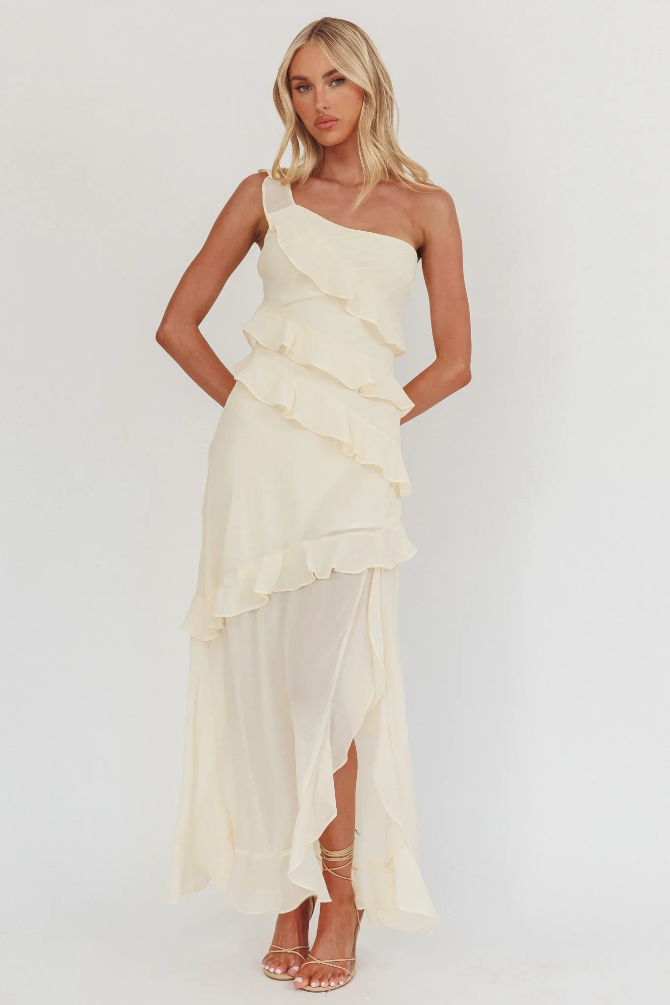 Gelina One-Shoulder Frill Trim Maxi Dress Butter