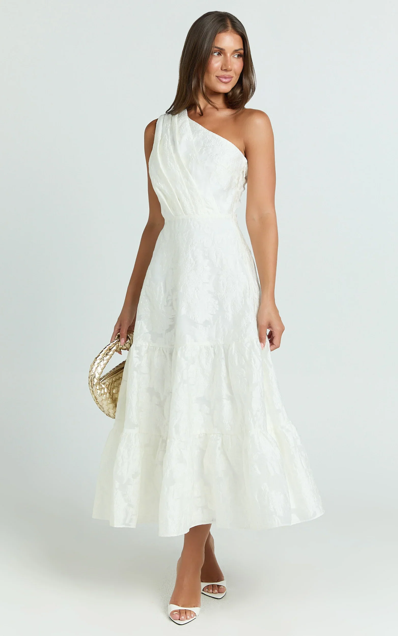 Nadette Midi Dress One Shoulder Pleated Tiered Dress in White