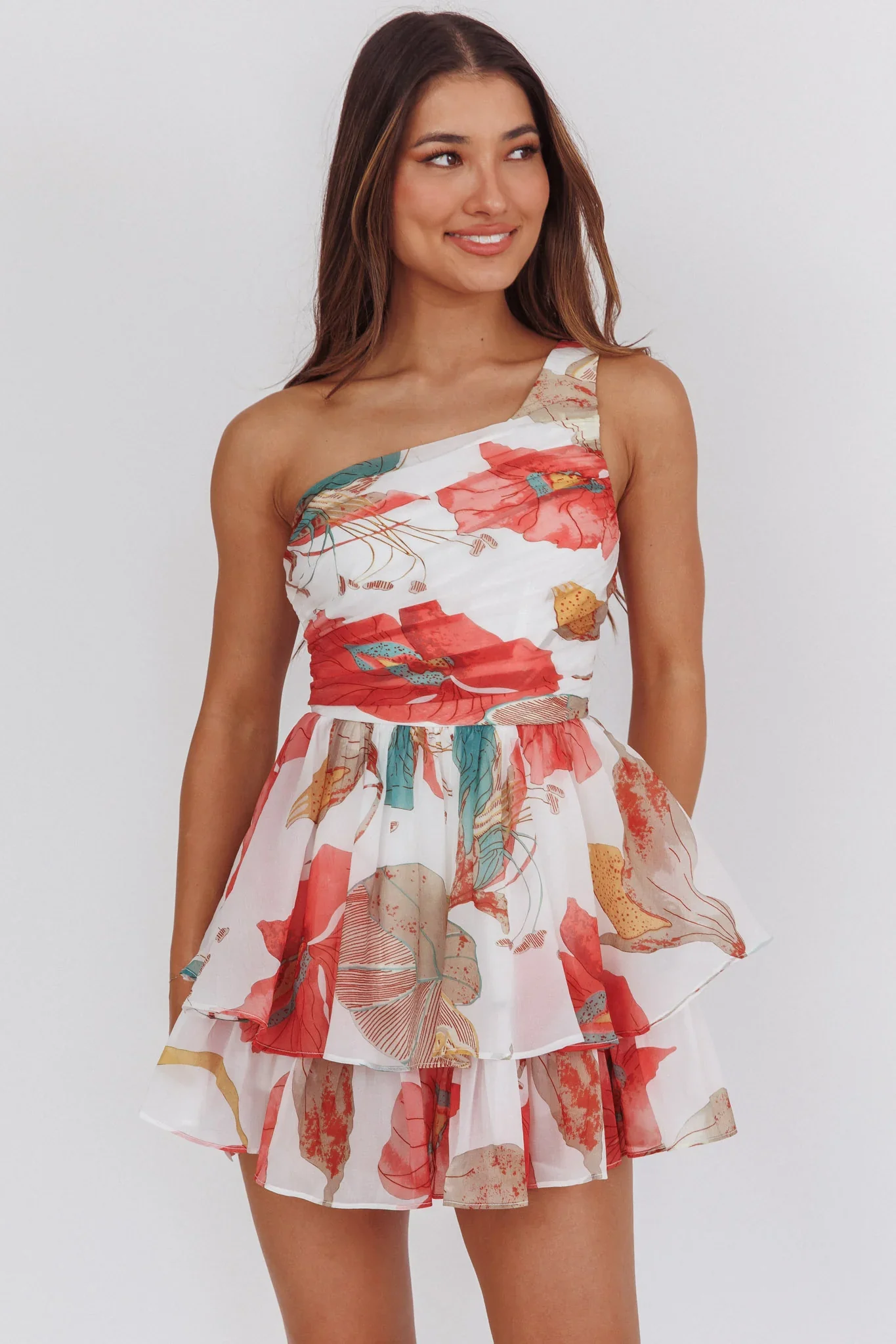 Raelene One-Shoulder Ruffle Romper Floral Red