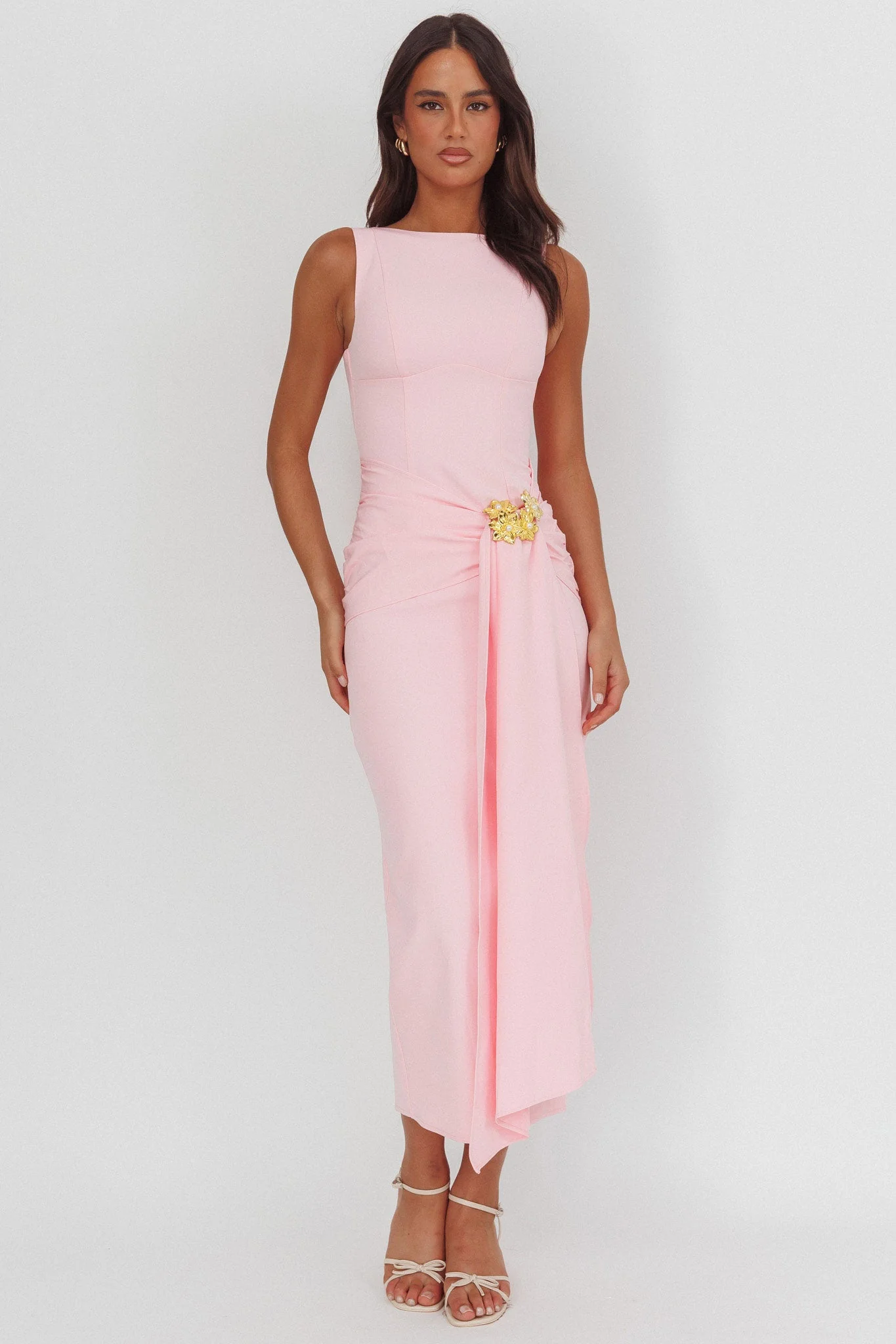 Zimora Gold Buckle Waist Drape Maxi Dress Pink