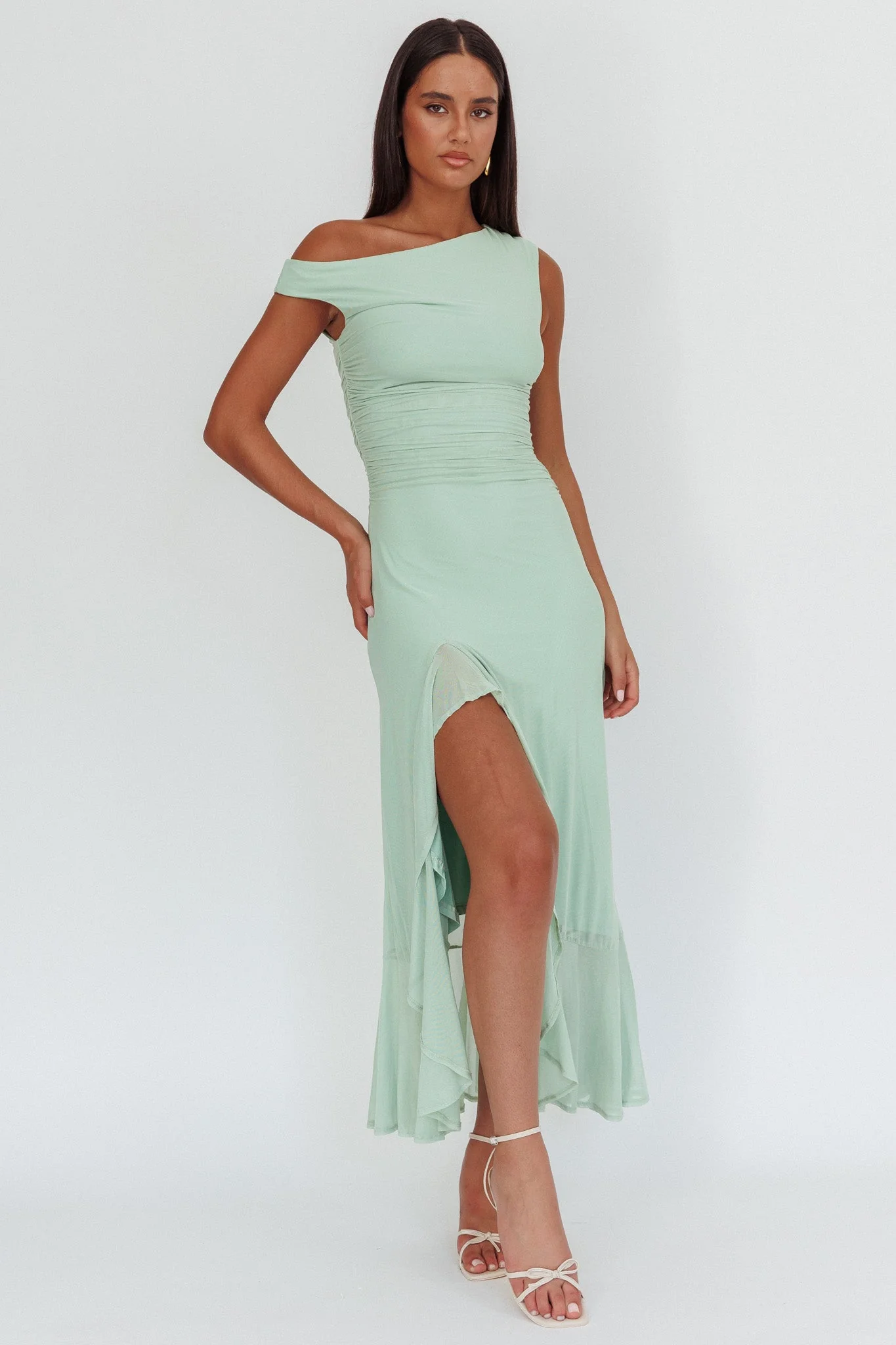 Moonlit Magic Asymmetric Neckline Maxi Dress Sage