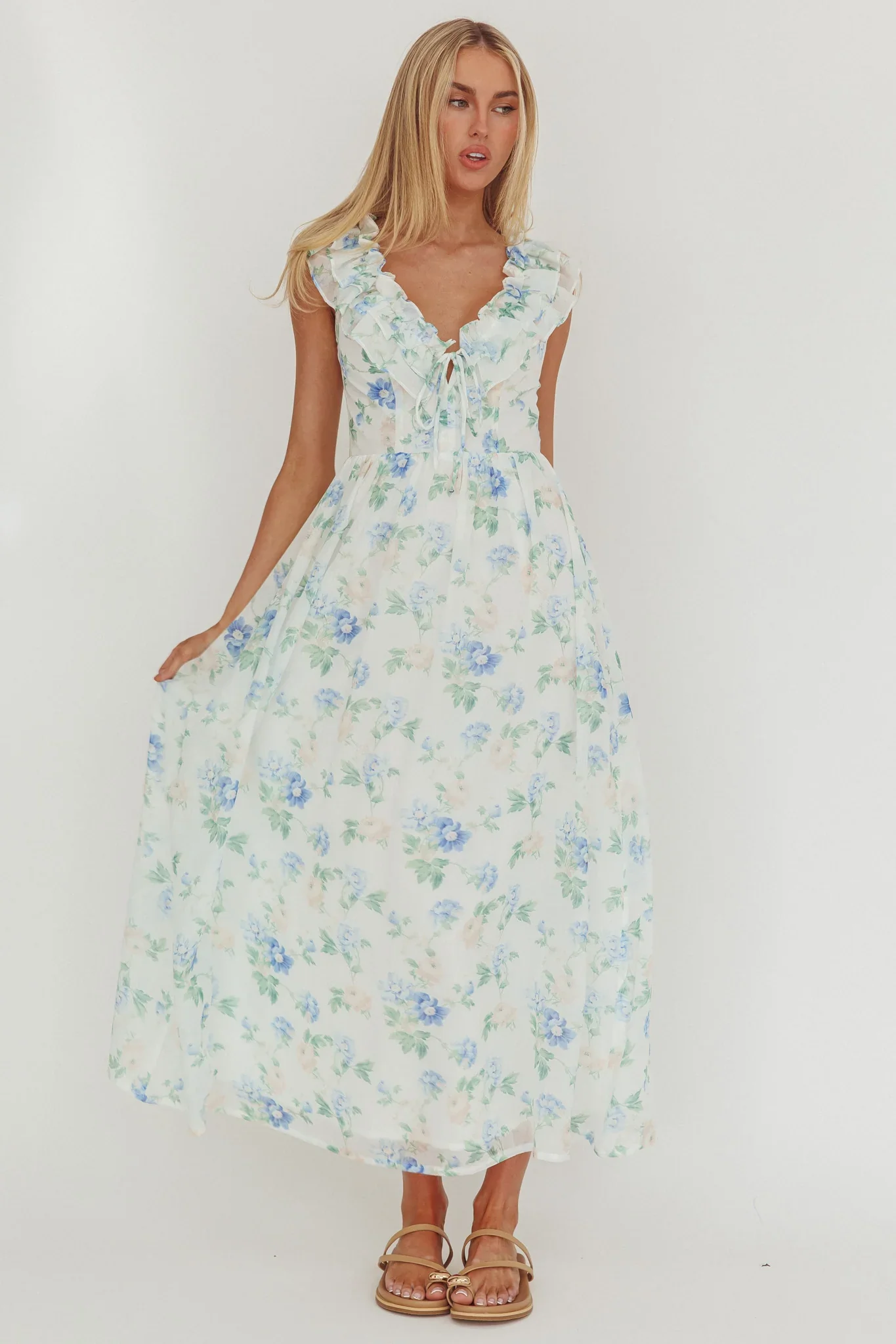Spring Harvest Frill Neckline Maxi Dress Floral Blue