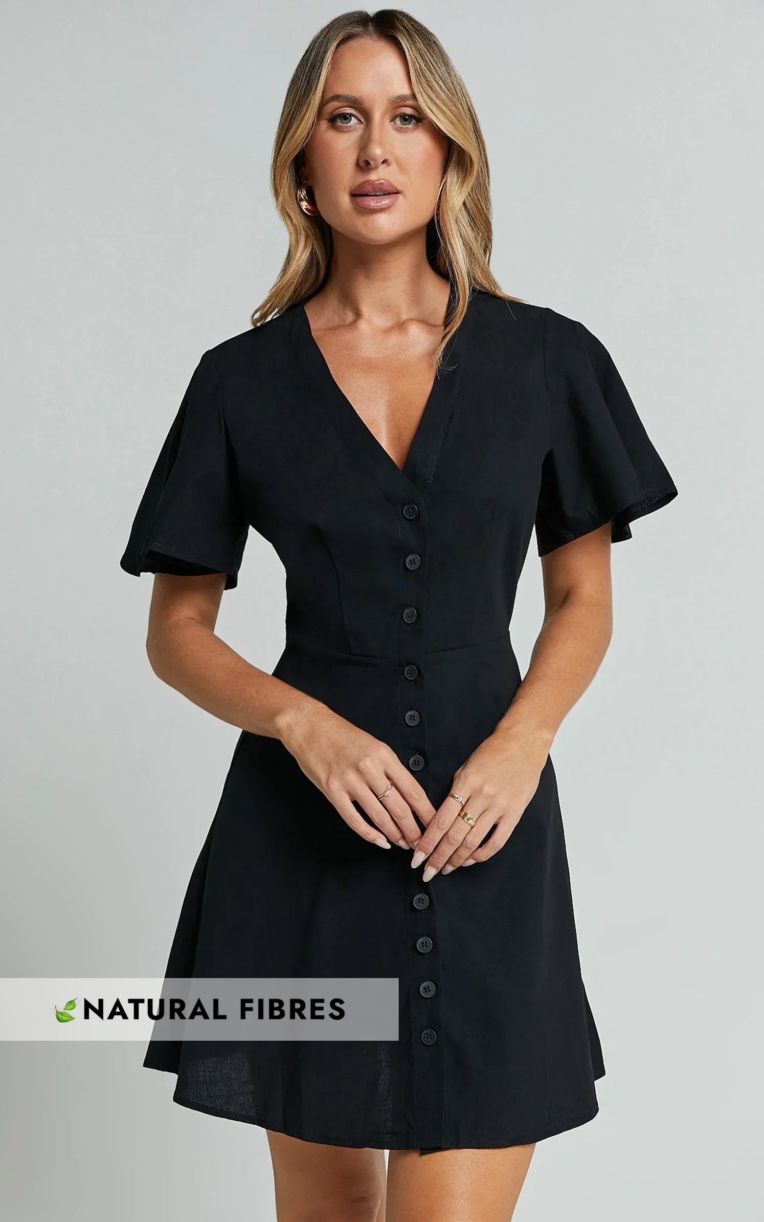 Sahar Mini Dress Flutter Sleeve Button Through Dress in Black
