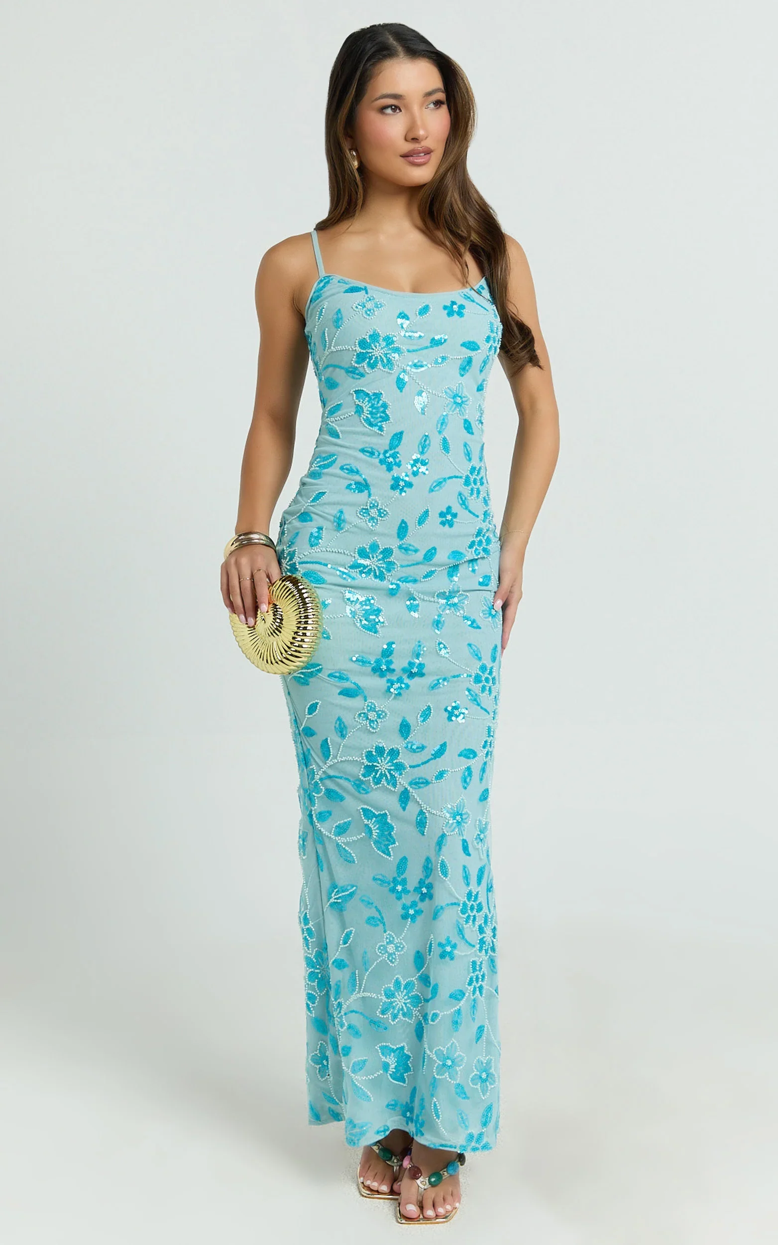 Robbie Maxi Dress Strappy Scoop Neck Column Fitted Sequin Mesh Dress in Blue
