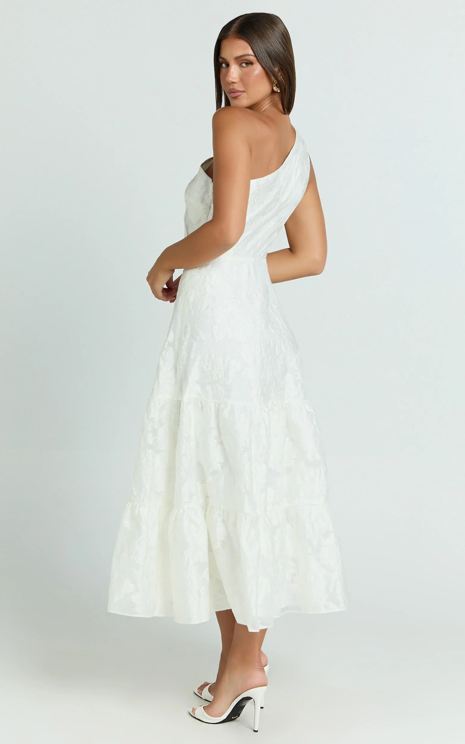 Nadette Midi Dress One Shoulder Pleated Tiered Dress in White