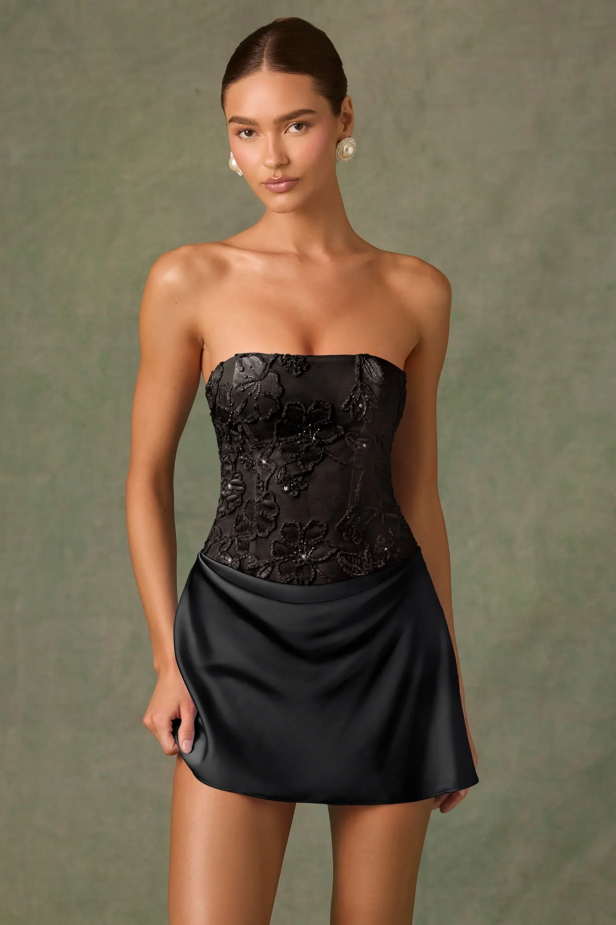 Embellished Draped Strapless A-Line Mini Dress in Black