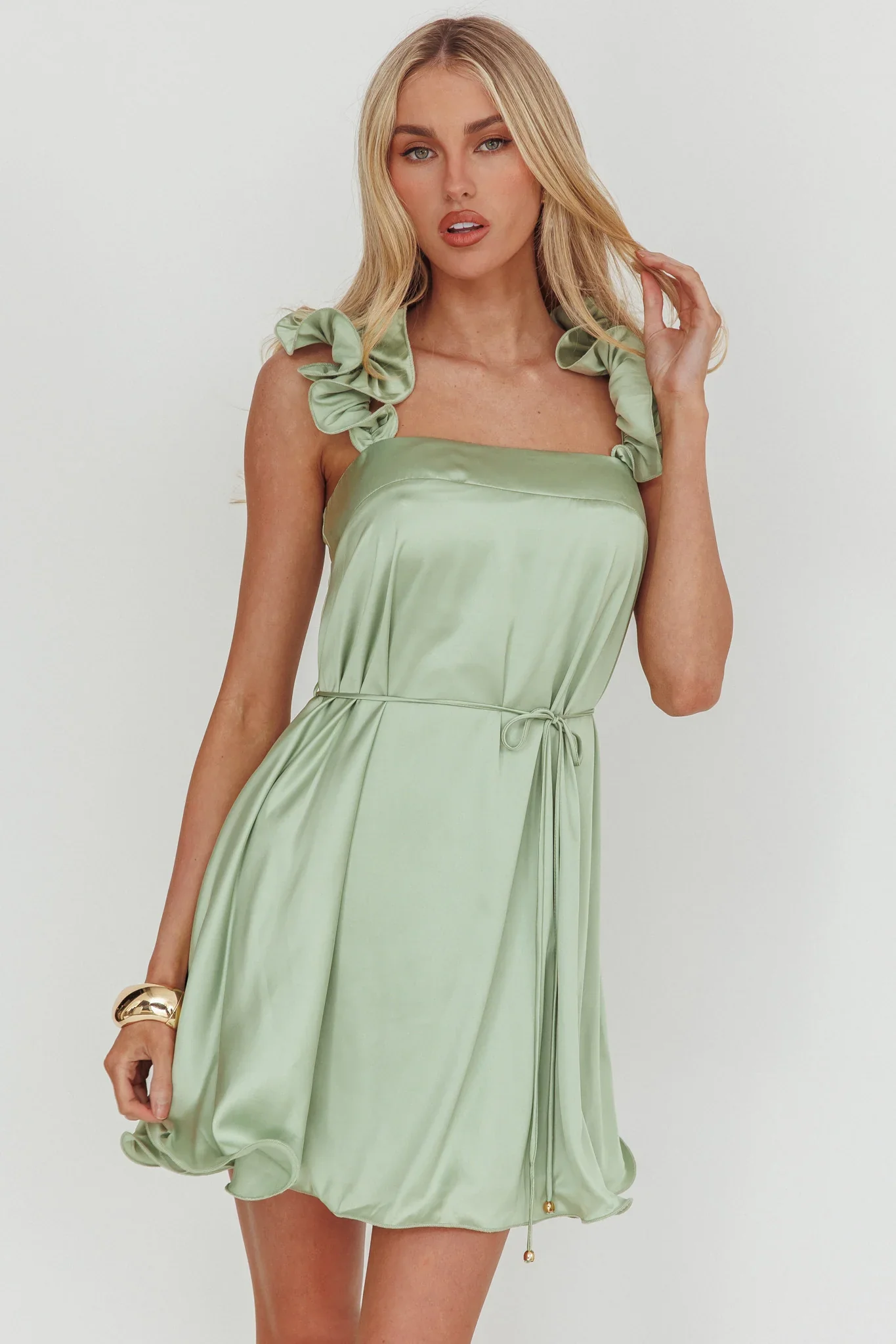 Glow Lettuce Edge Strap Mini Dress Pistachio