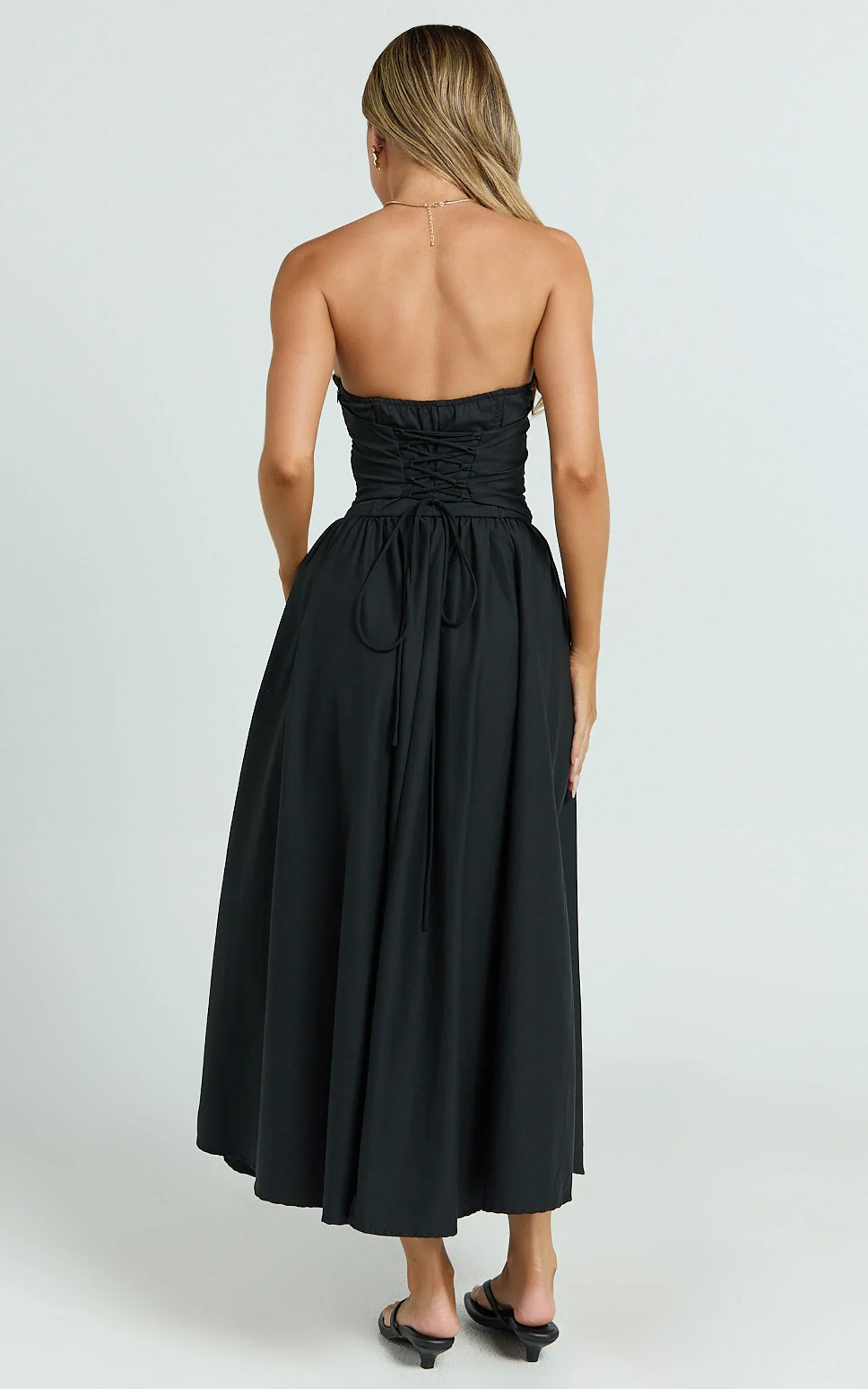 Daria Midi Dress Strapless Corset Gathered Dress in Black