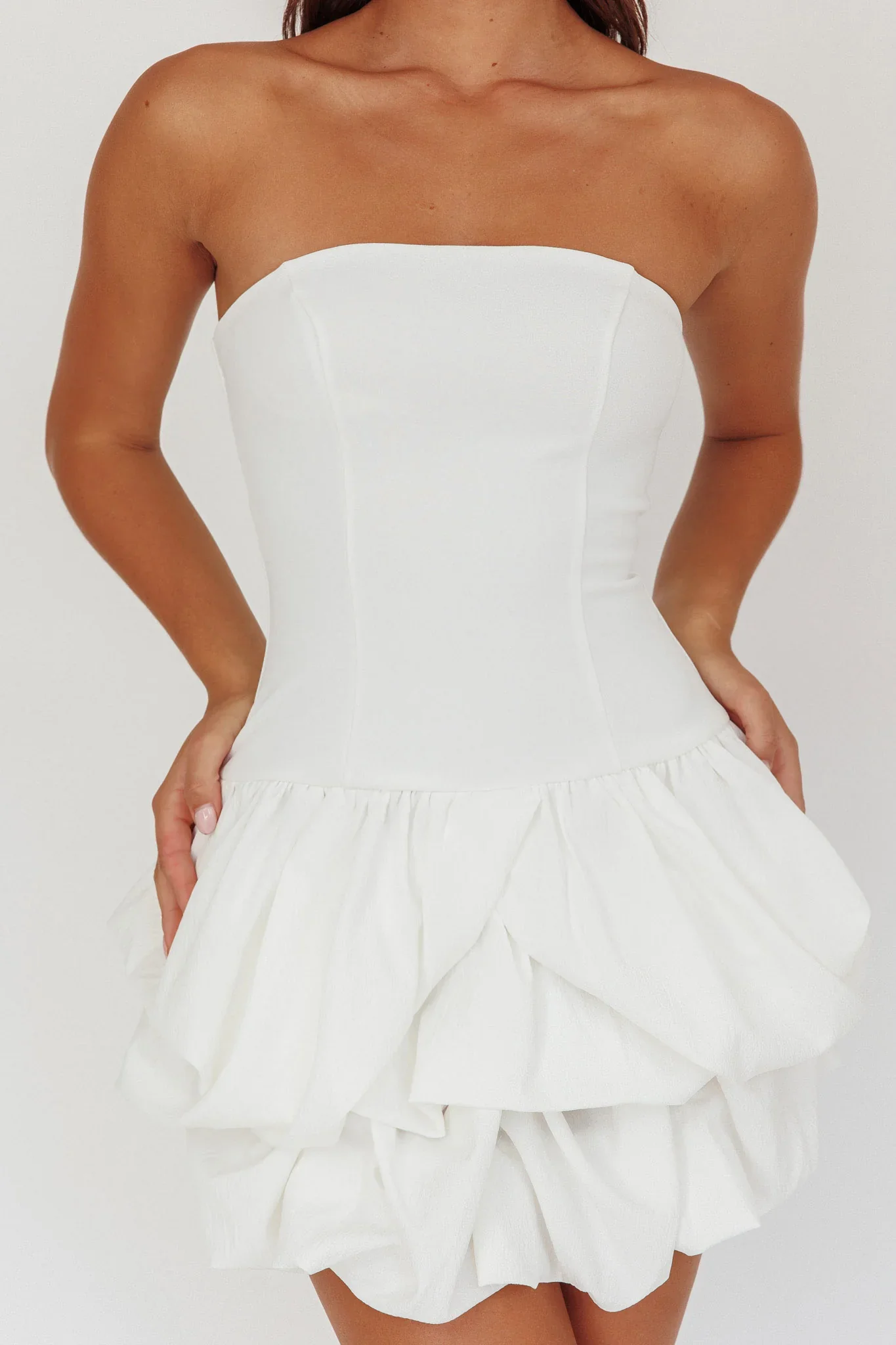 Nefiti Strapless Layered Bubble Hem Dress White