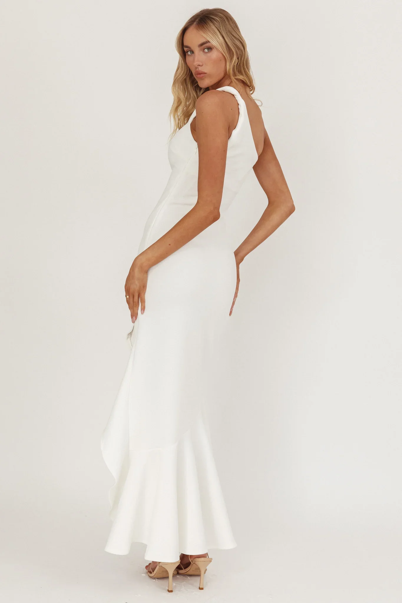 Lights On One-Shoulder Split Ruffle Hem Maxi Dress White