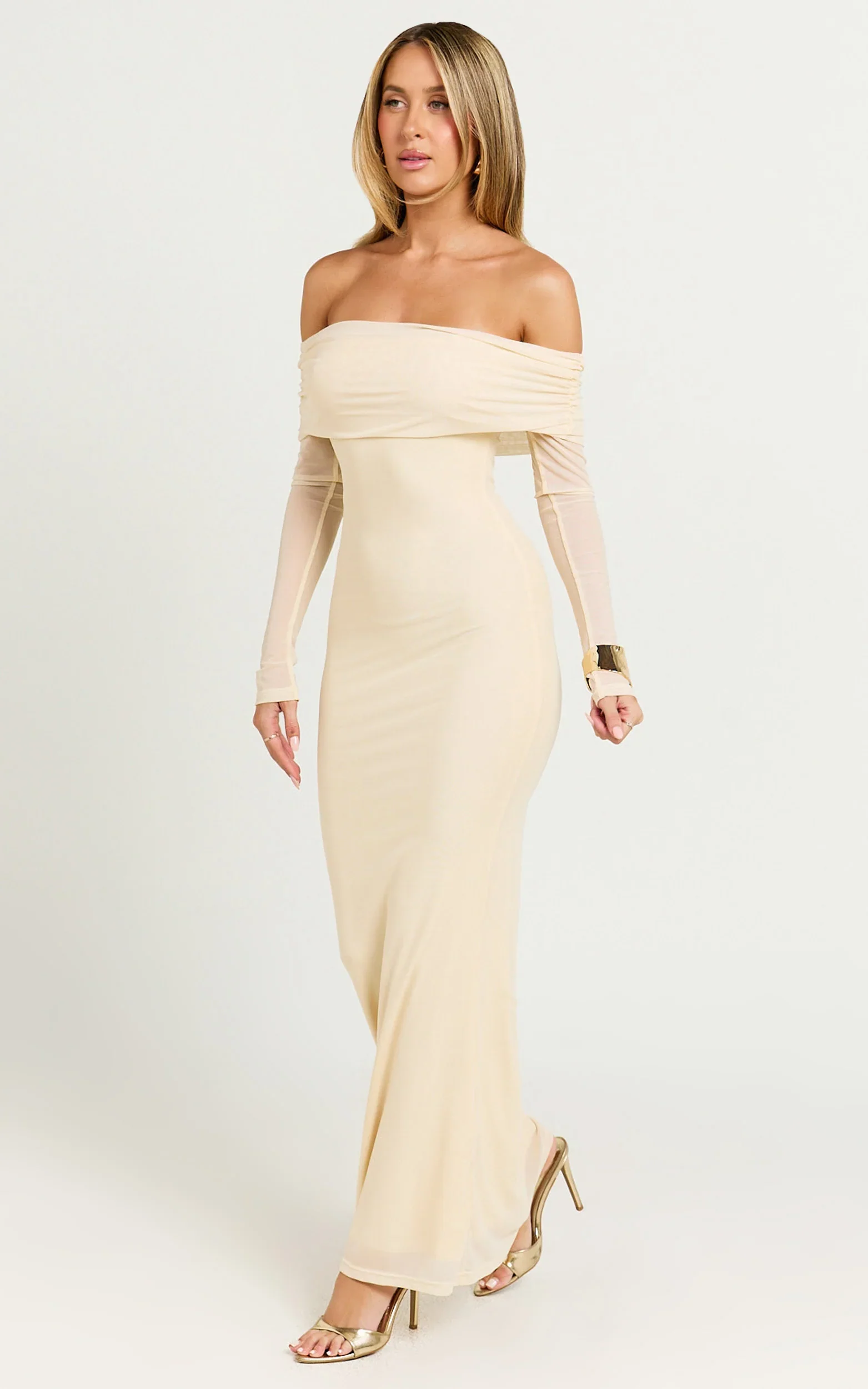 Bethanie Maxi Dress Off The Shoulder Mesh Dress in Cream