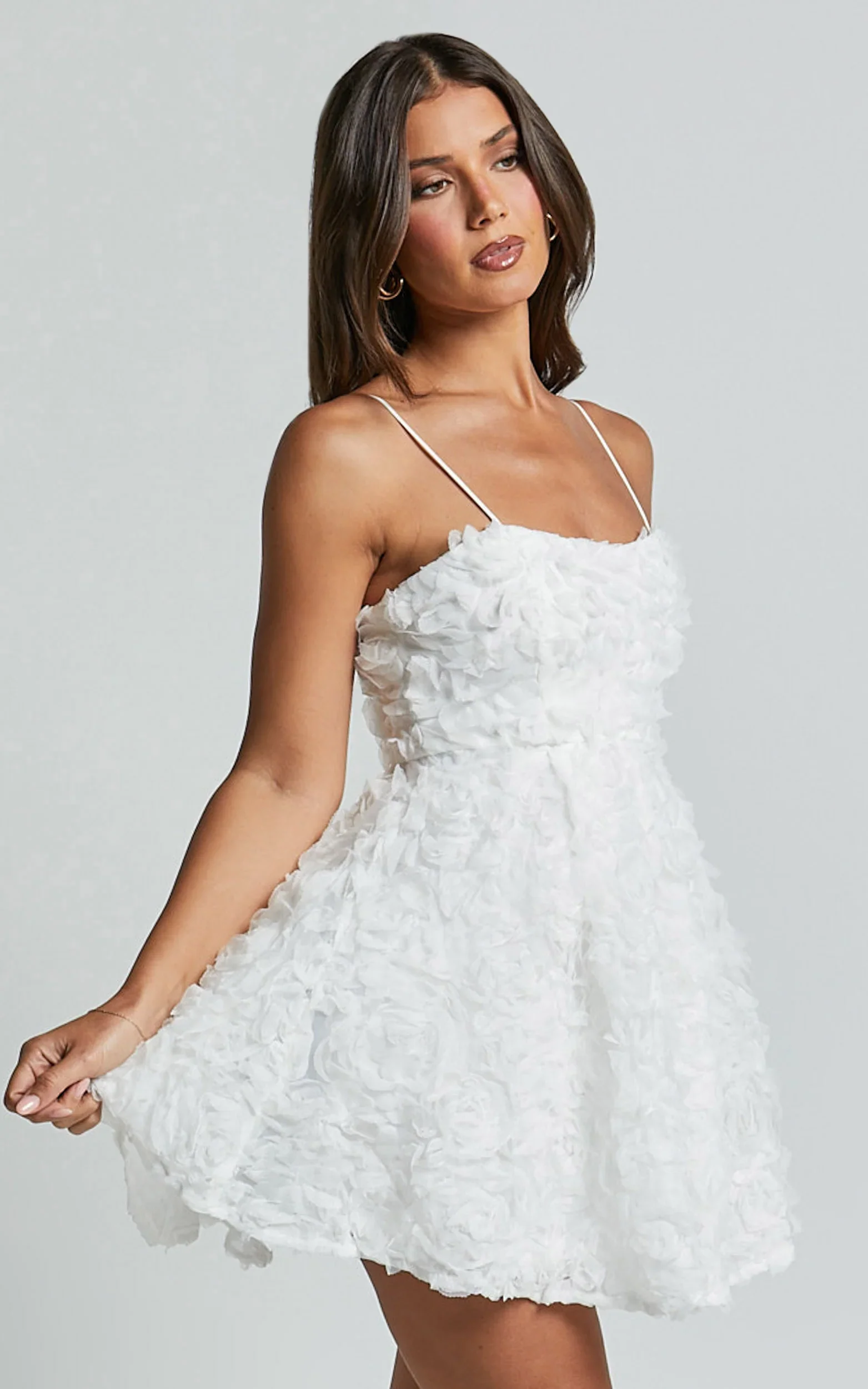 Alvia Mini Dress 3d Flower Full Skirt Dress in White