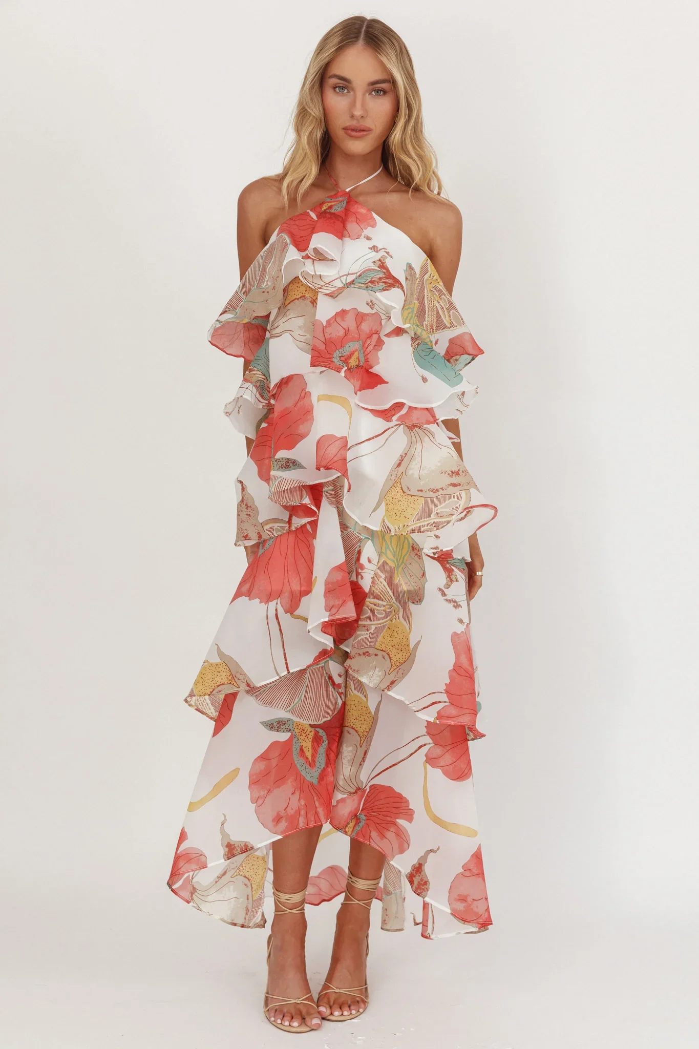 Darylyn Tiered Ruffle Maxi Dress Floral Red