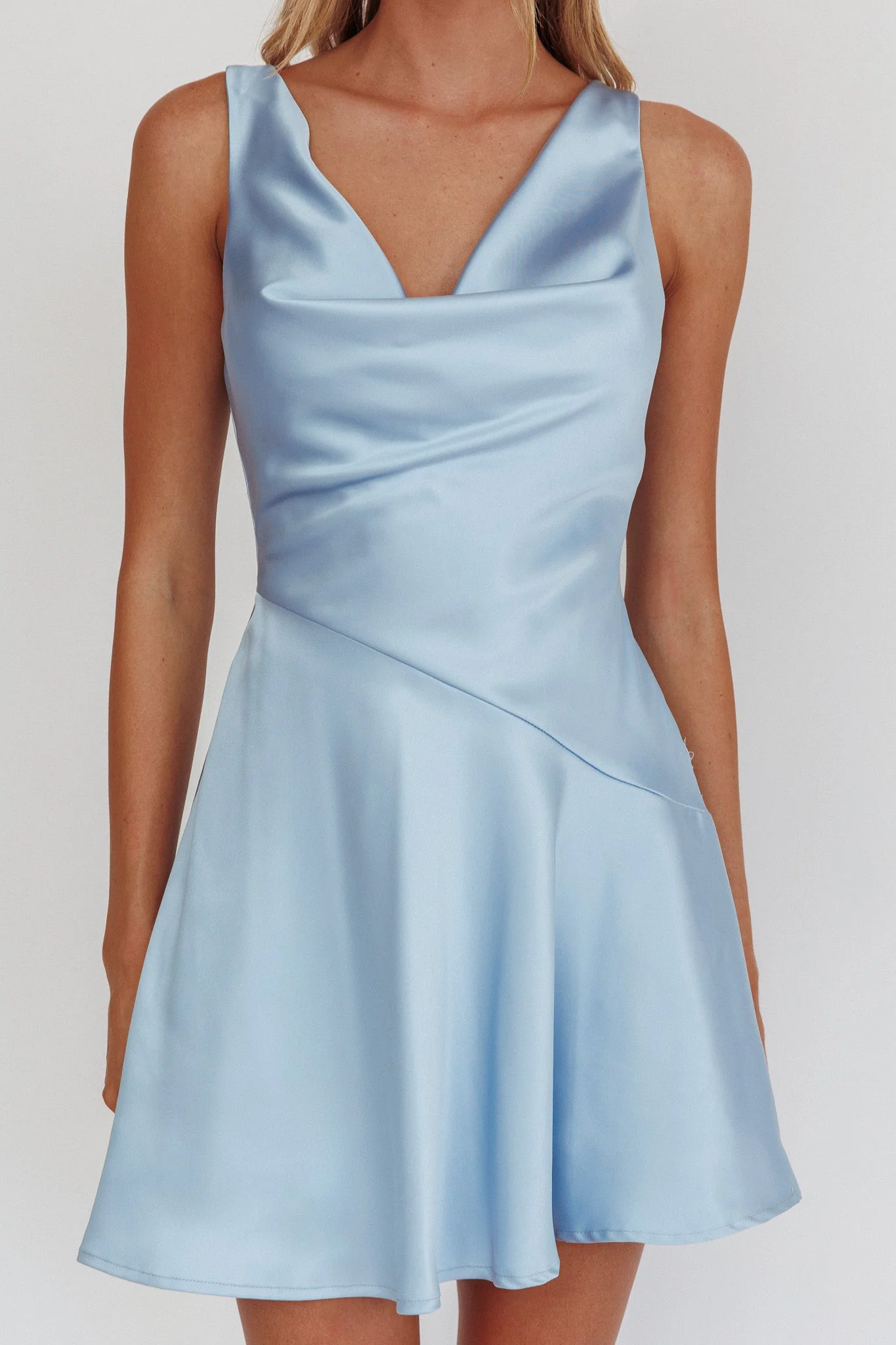 Brigid Cowl Neck Scoop Back Mini Dress Blue