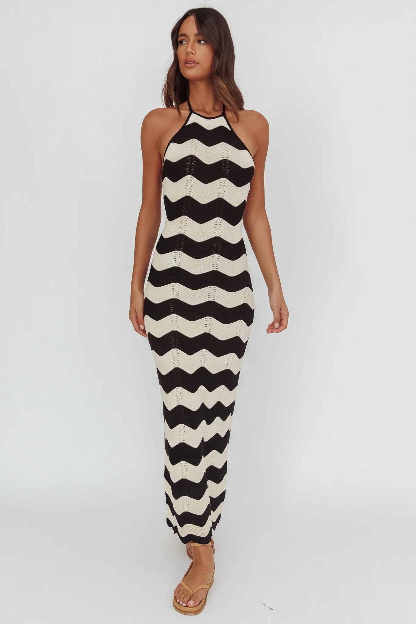 Yelena Halter Neck Knit  Maxi Dress Zig-Zag Cream