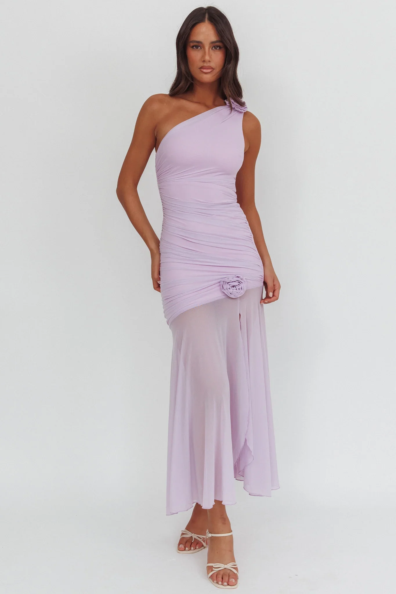 Lost Love One-Shoulder Sheer Hem Maxi Dress Lilac