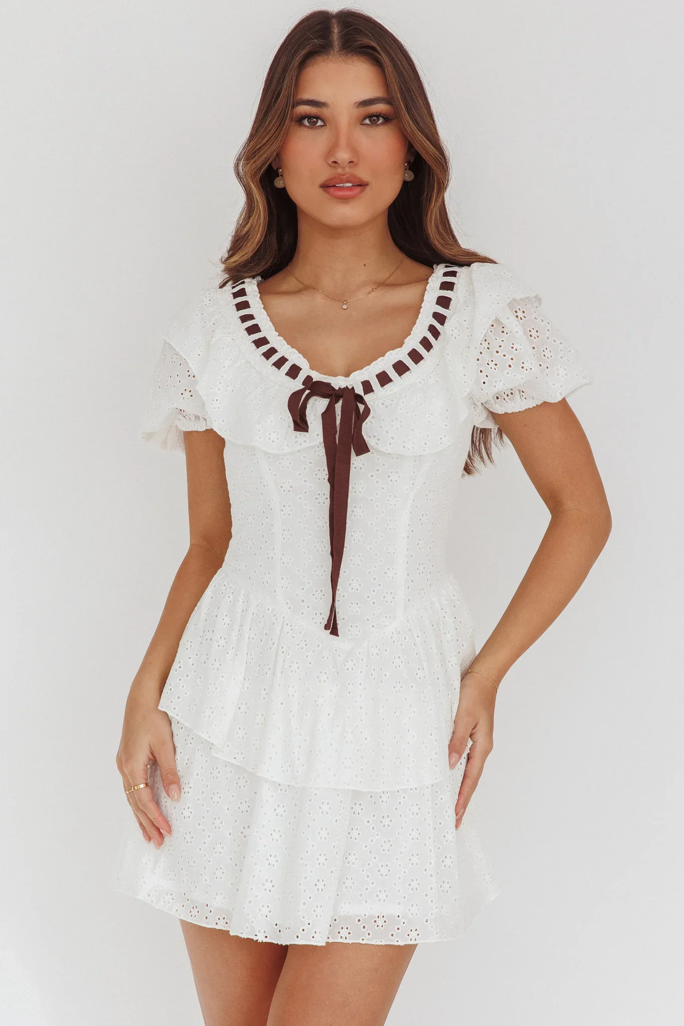 Rayelle Puff Sleeve Ruffle Eyelet Embroidery Mini Dress White