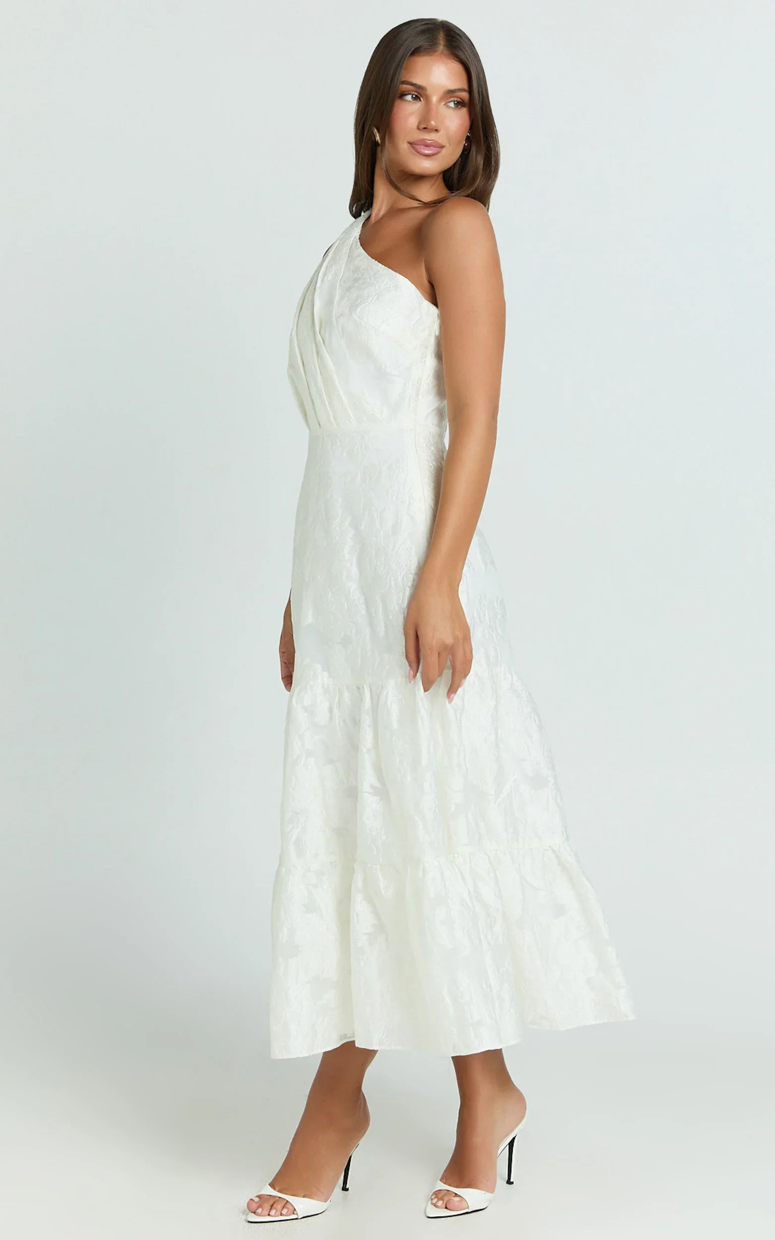 Nadette Midi Dress One Shoulder Pleated Tiered Dress in White