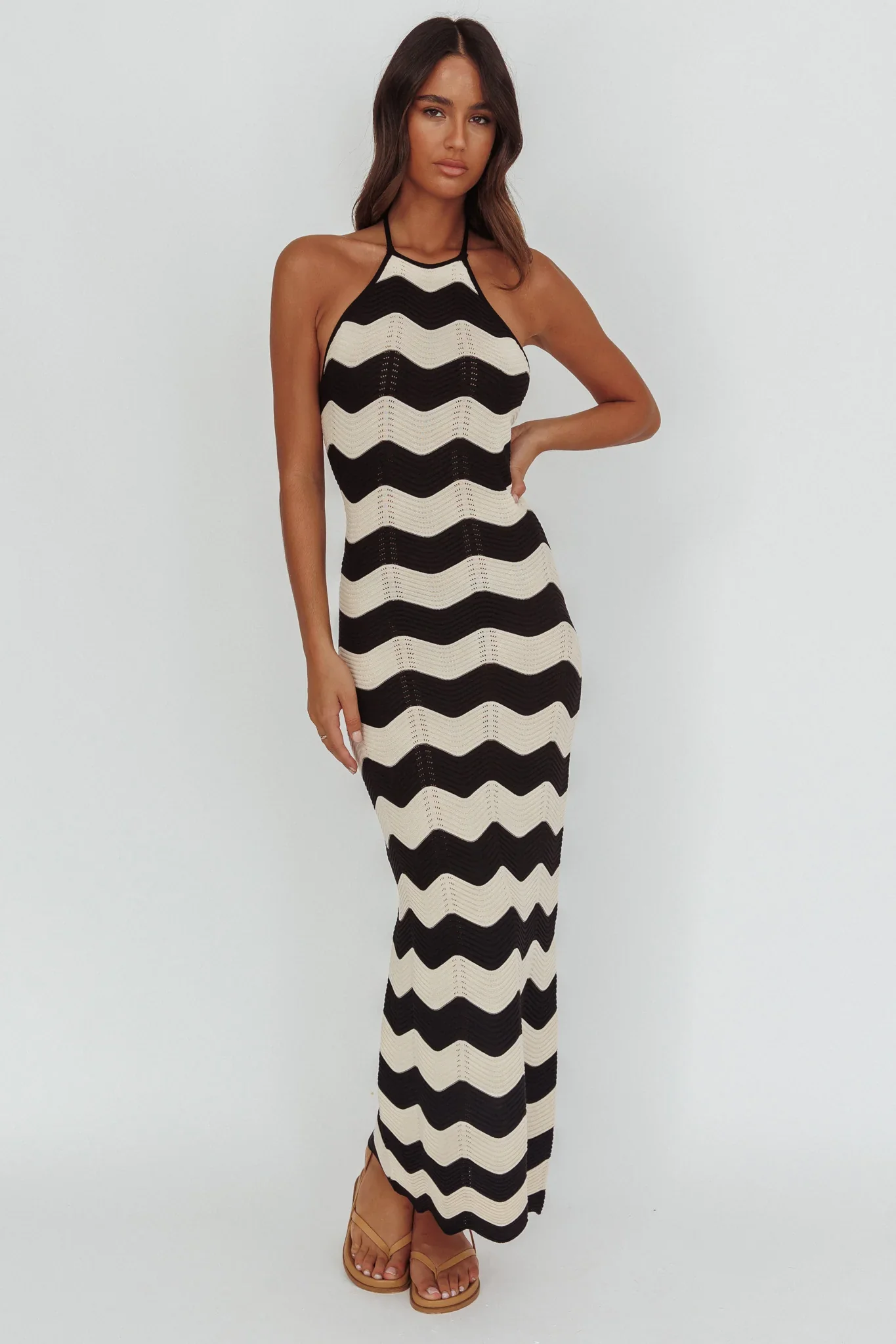 Yelena Halter Neck Knit  Maxi Dress Zig-Zag Cream