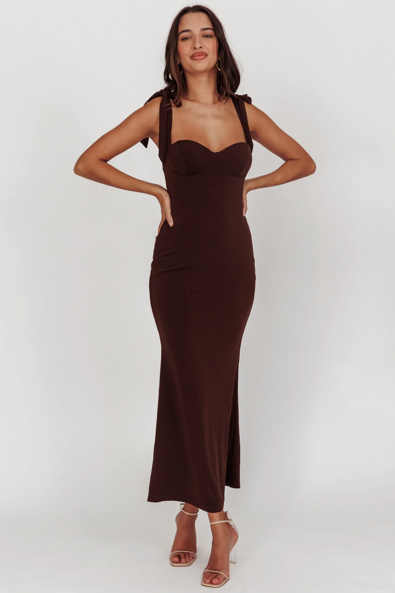 Rose Garden Tied Shoulder Maxi Dress Brown
