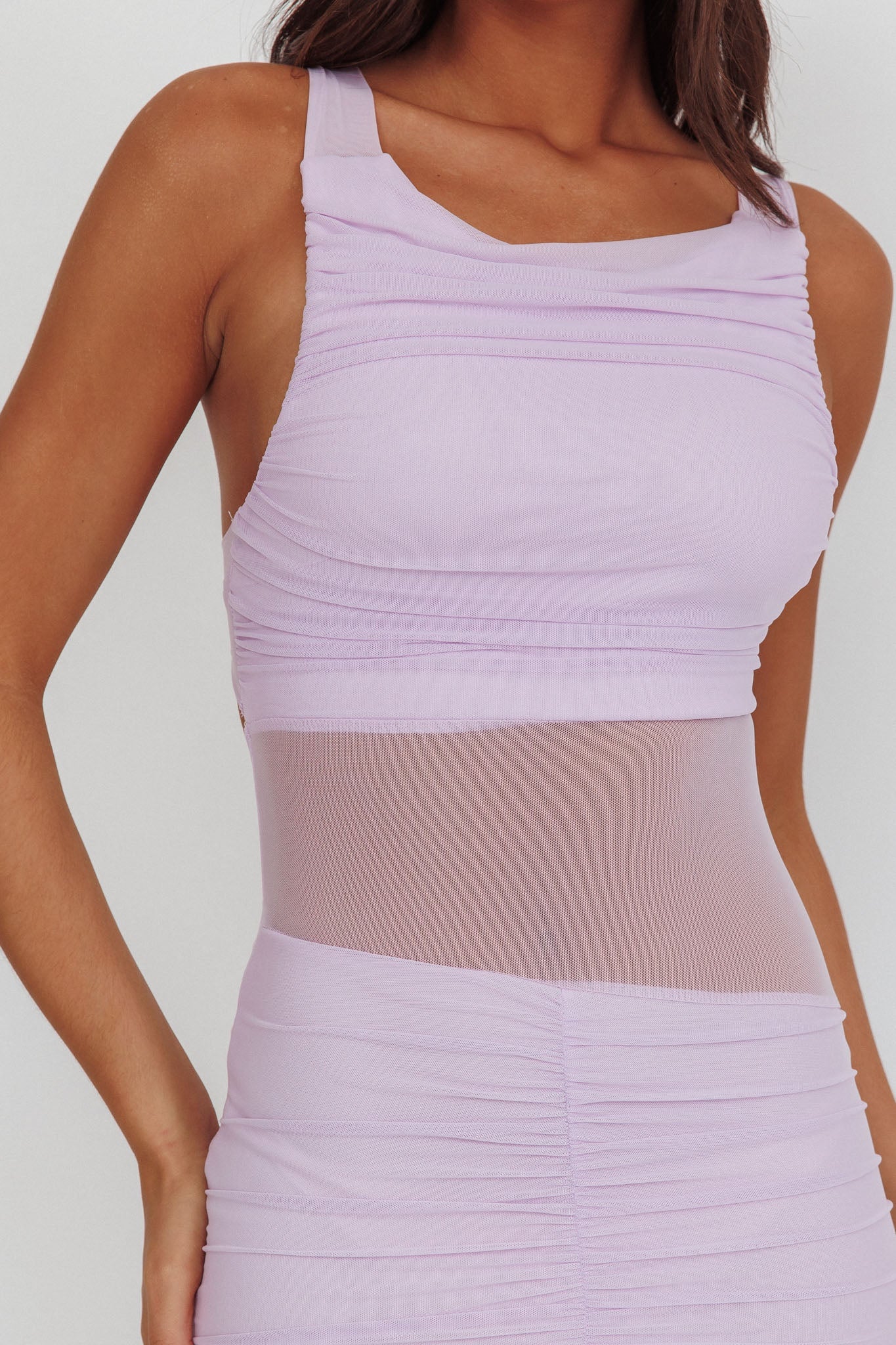 Sade Sheer Panel Ruched Maxi Dress Lilac