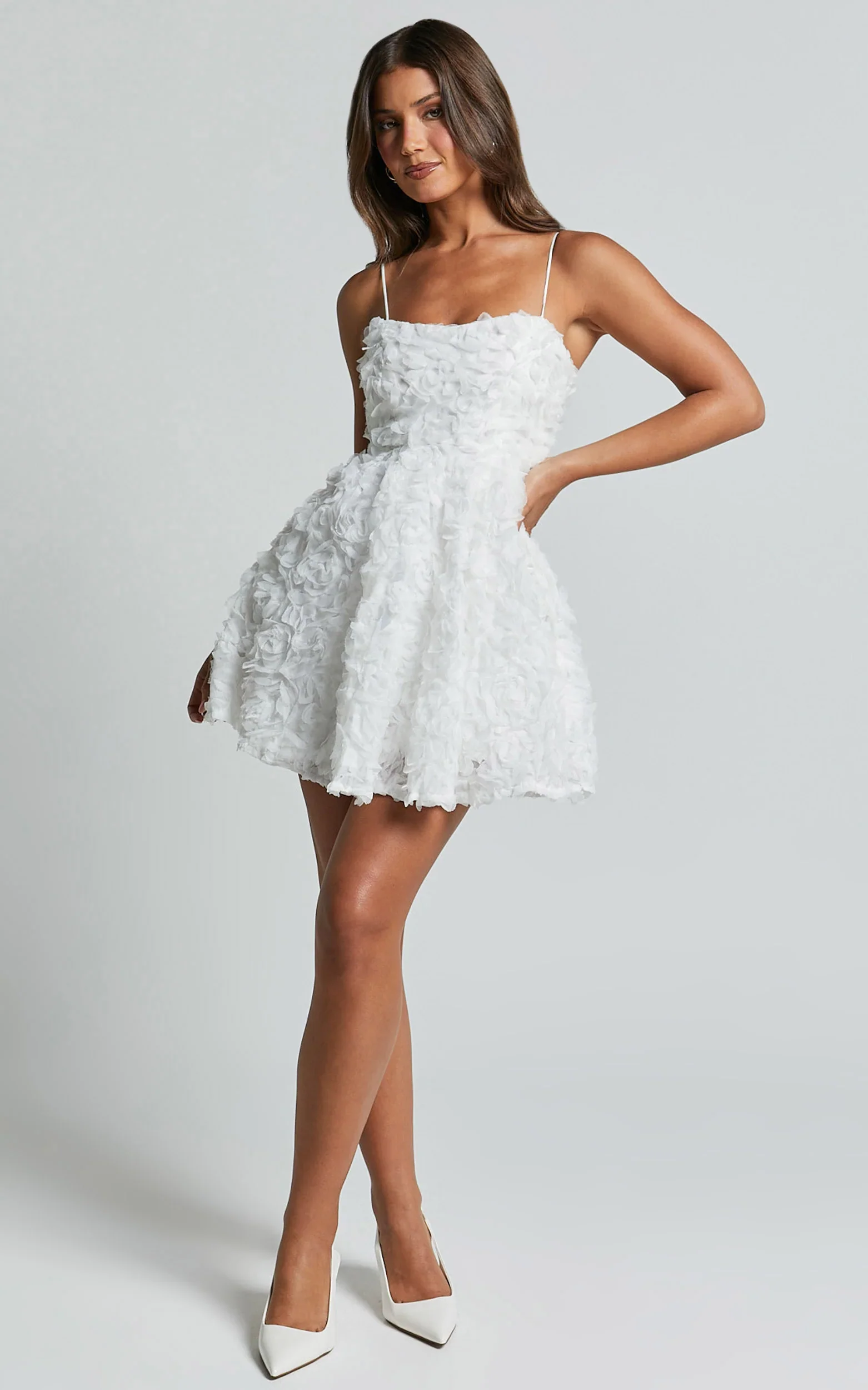Alvia Mini Dress 3d Flower Full Skirt Dress in White
