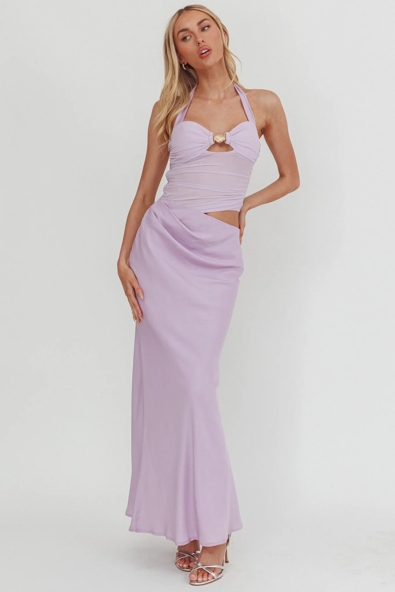 Sandy Shell Buckle Halter Maxi Dress Lilac