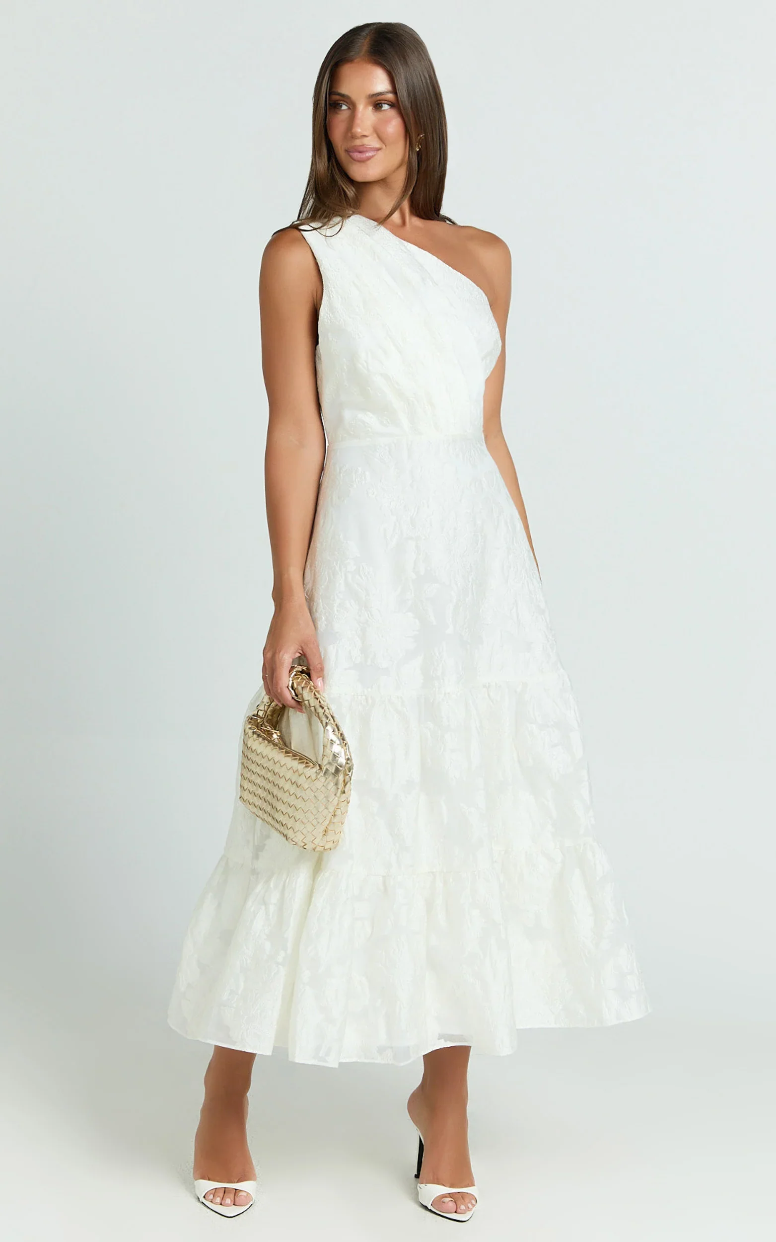 Nadette Midi Dress One Shoulder Pleated Tiered Dress in White