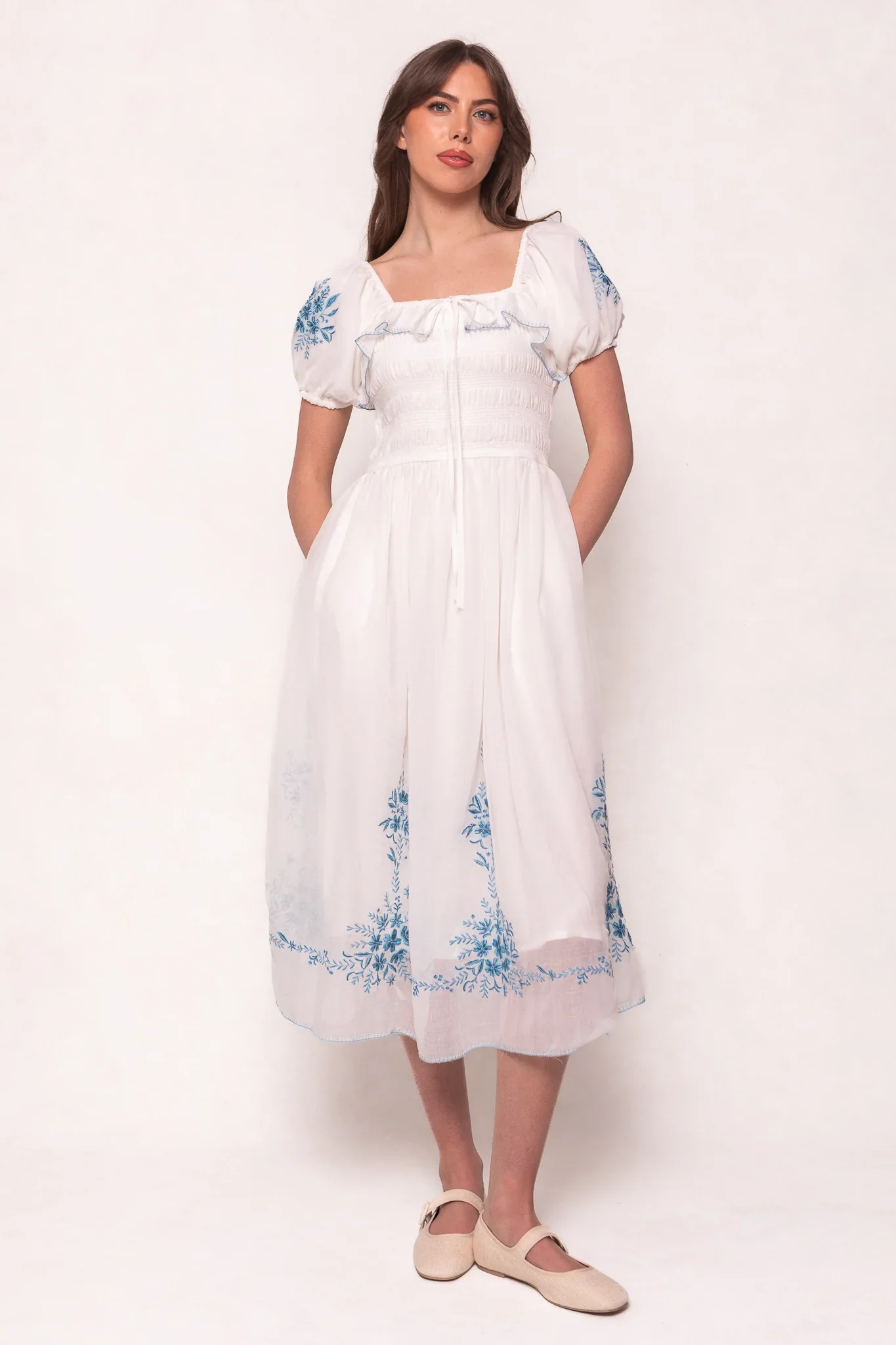 Mae Dress in White with Blue Floral
