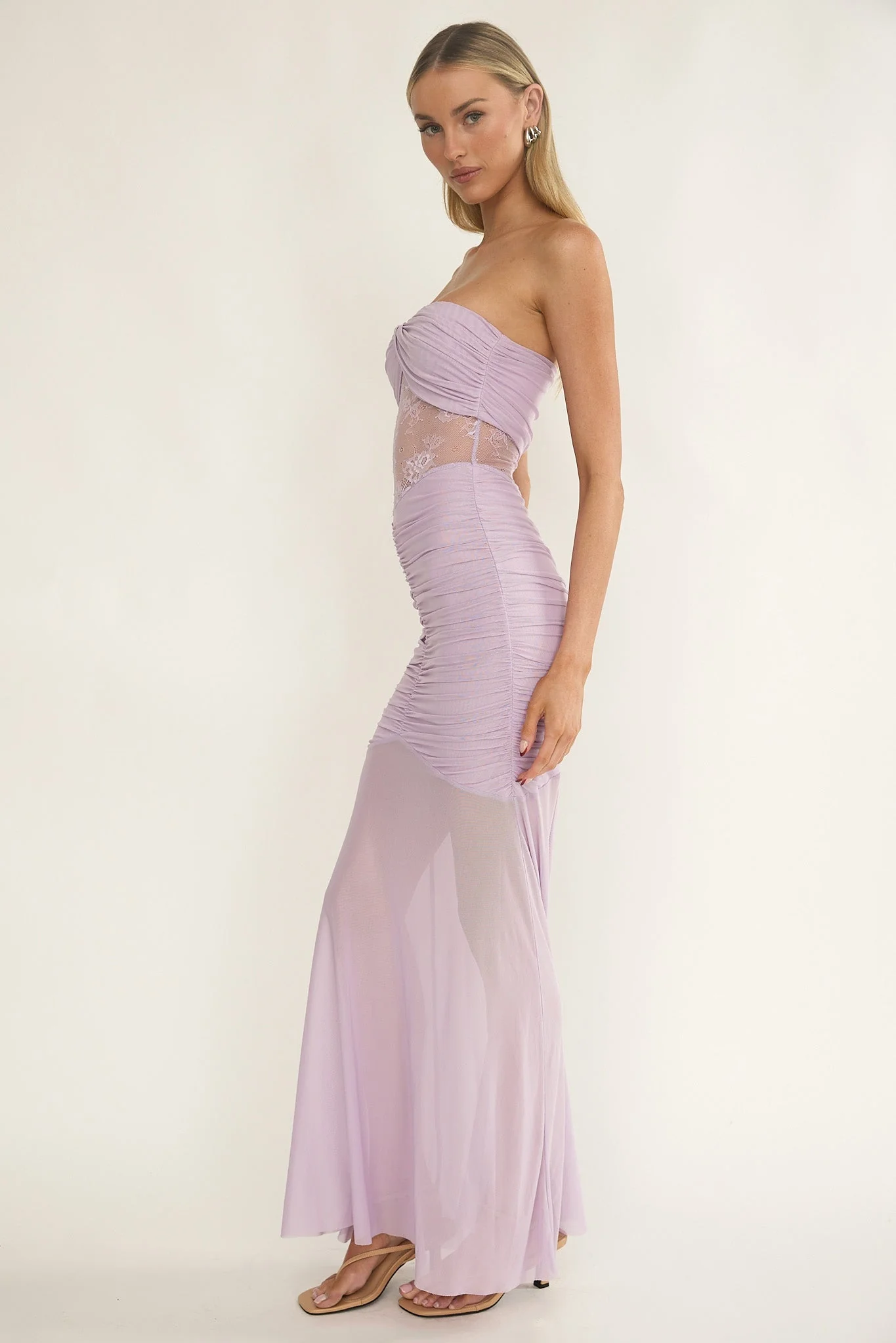 Sade Strapless Sheer Panel Ruched Maxi Dress Lilac