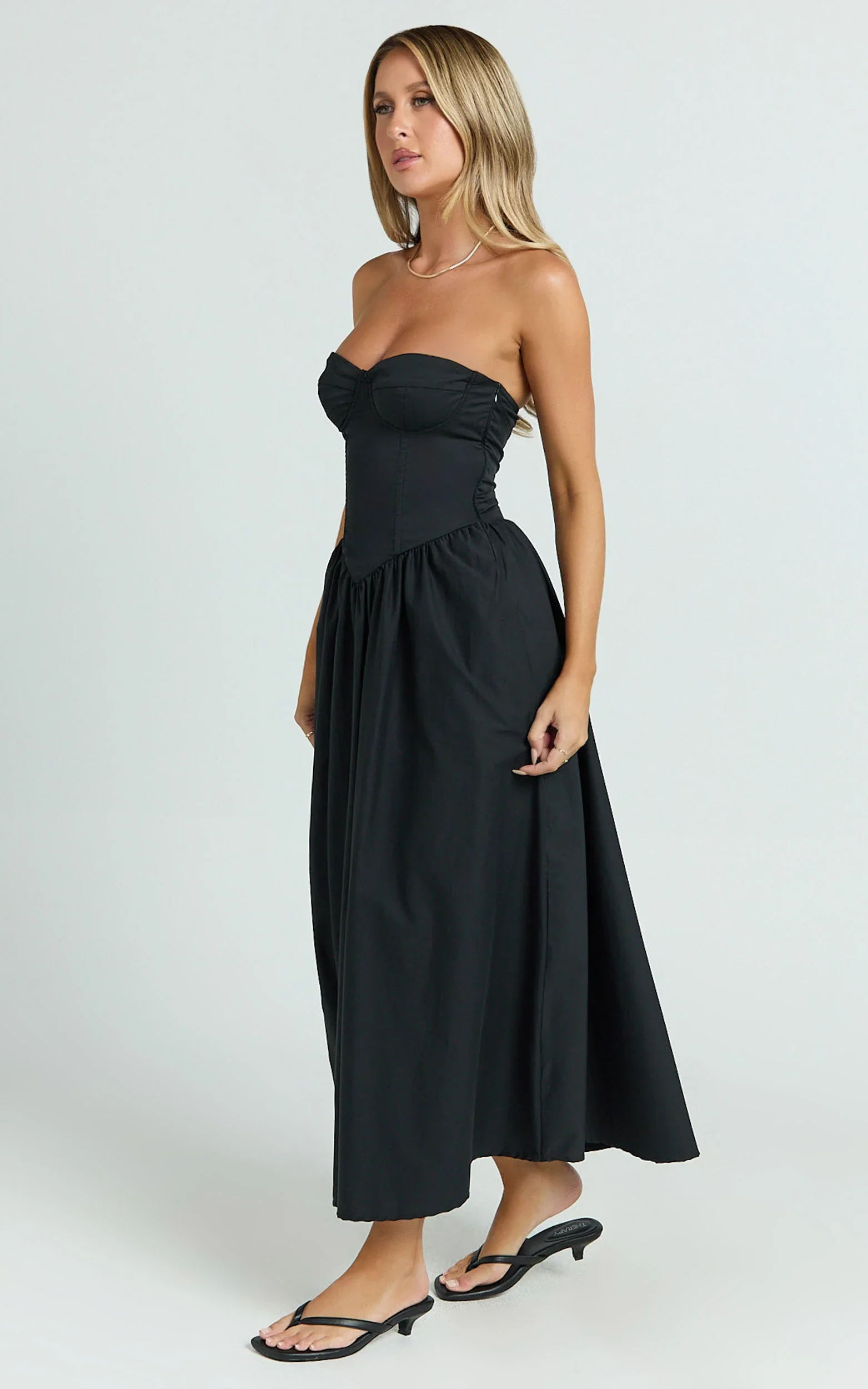 Daria Midi Dress Strapless Corset Gathered Dress in Black
