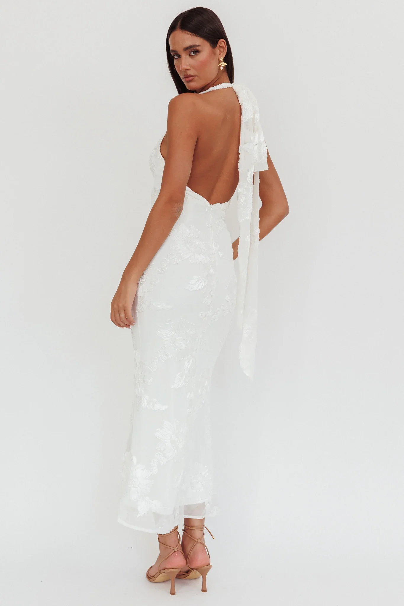 Cipriana Backless Halter Maxi Dress Embellished White