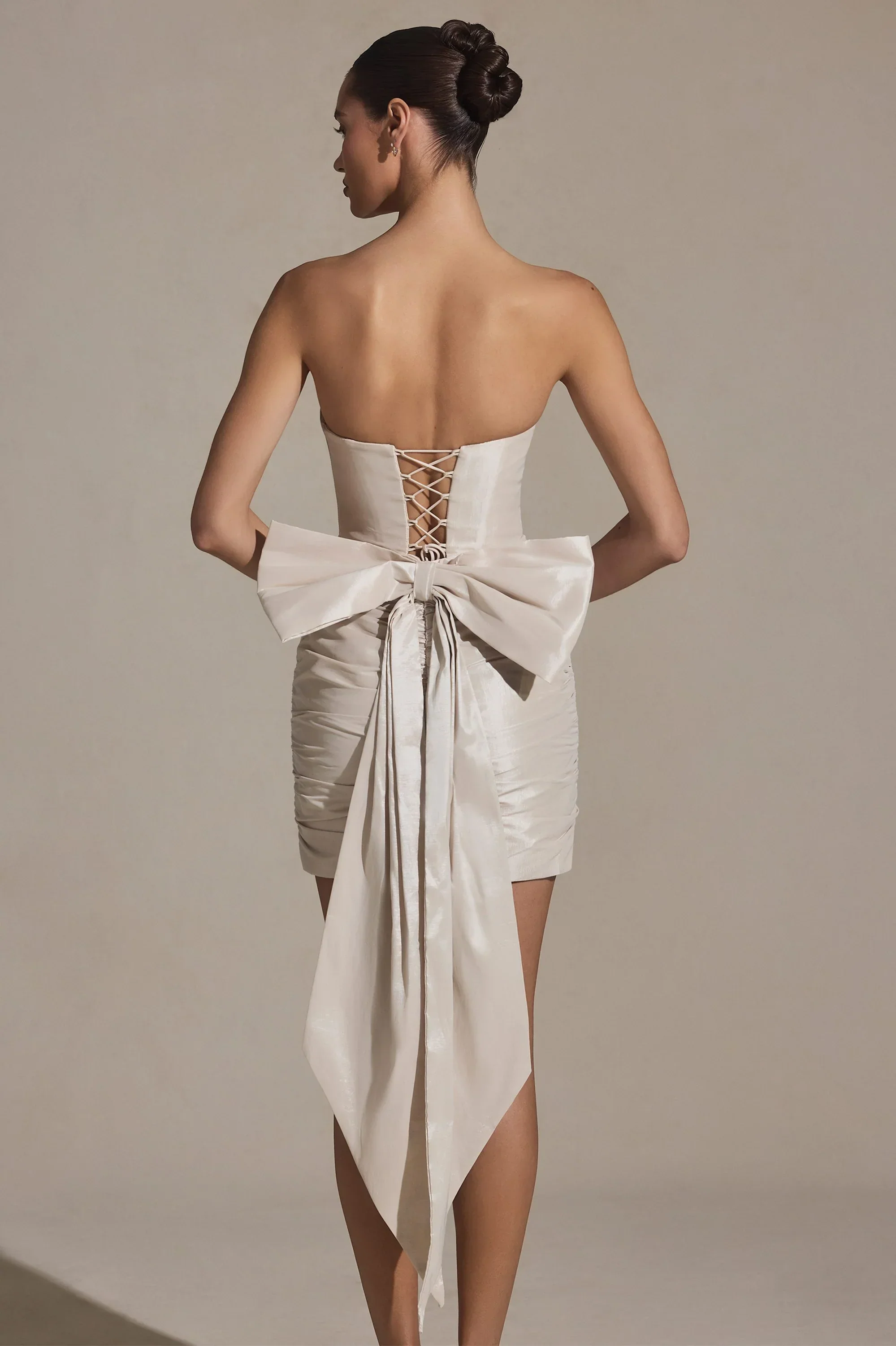 Bow-Detail Strapless Mini Dress in Ivory