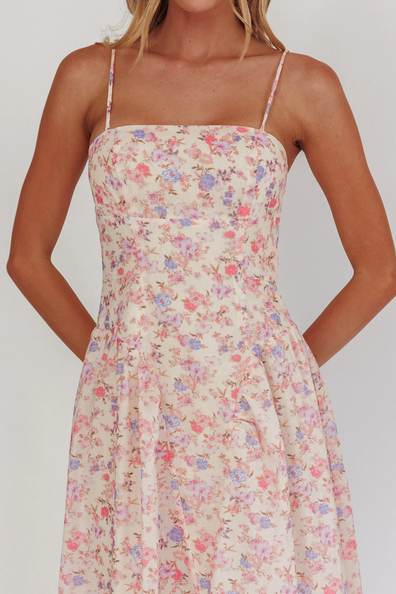 Daisy Day Basque Waist Maxi Dress Floral Blue