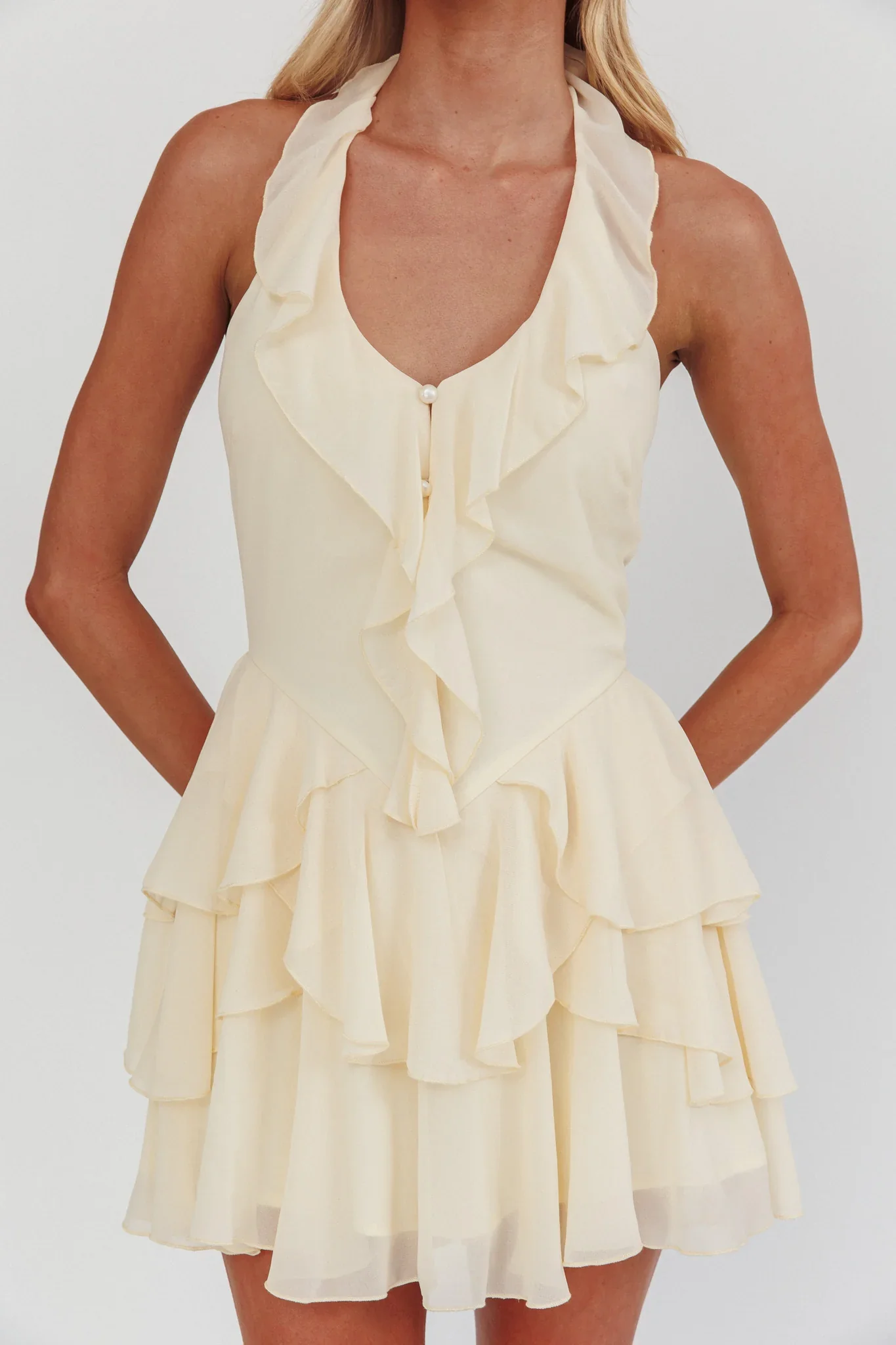 Live Loud Ruffle Layered Hem Mini Dress Cream