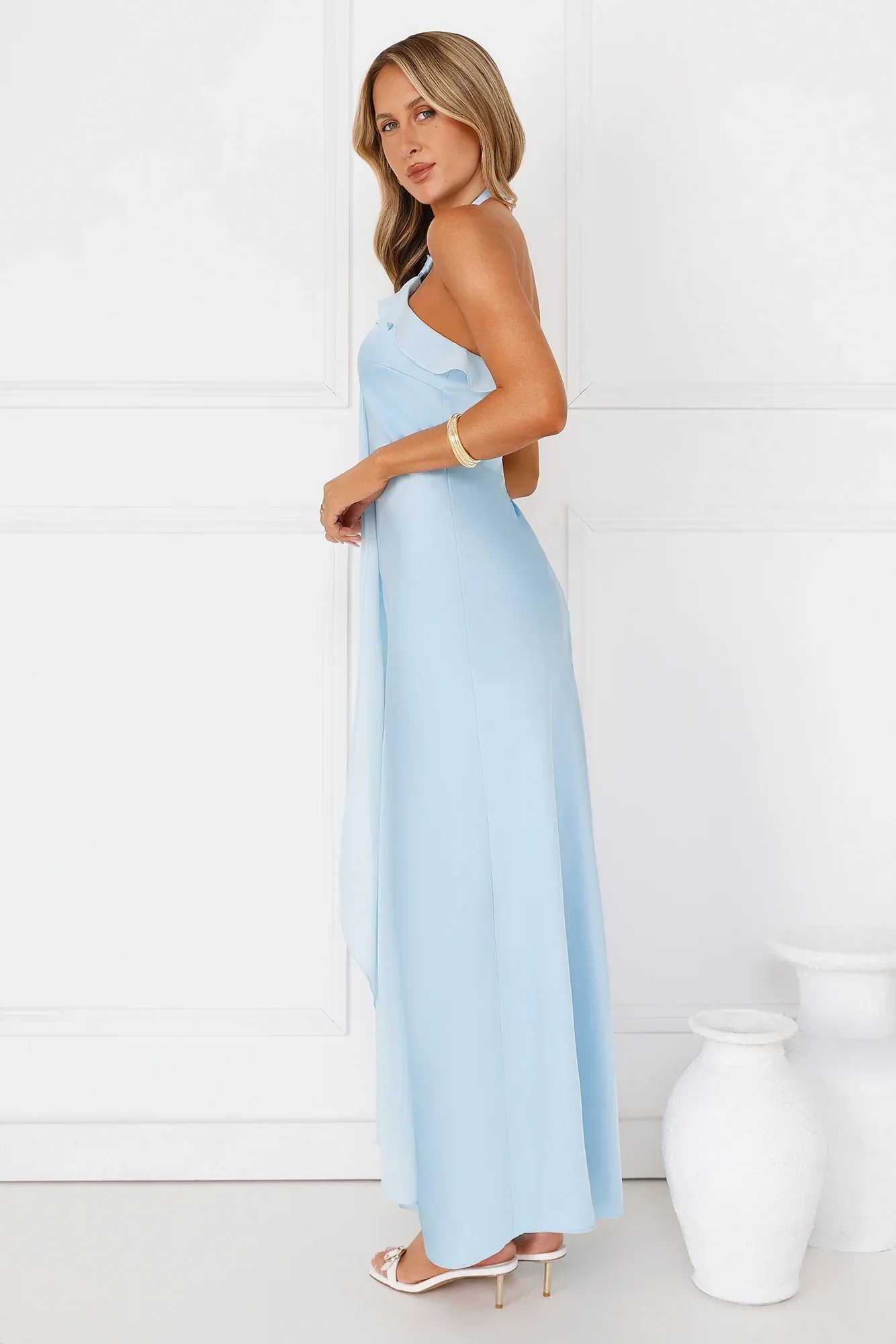 Luxora Lady Halter Satin Maxi Dress Blue