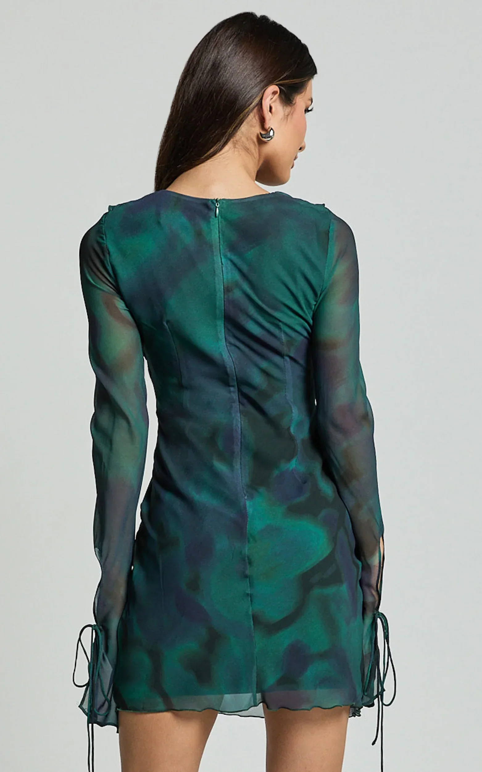 Alesya Mini Dress Ruffle Plunge Neck Long Sleeve Tie Detail Dress in Moss Adeana