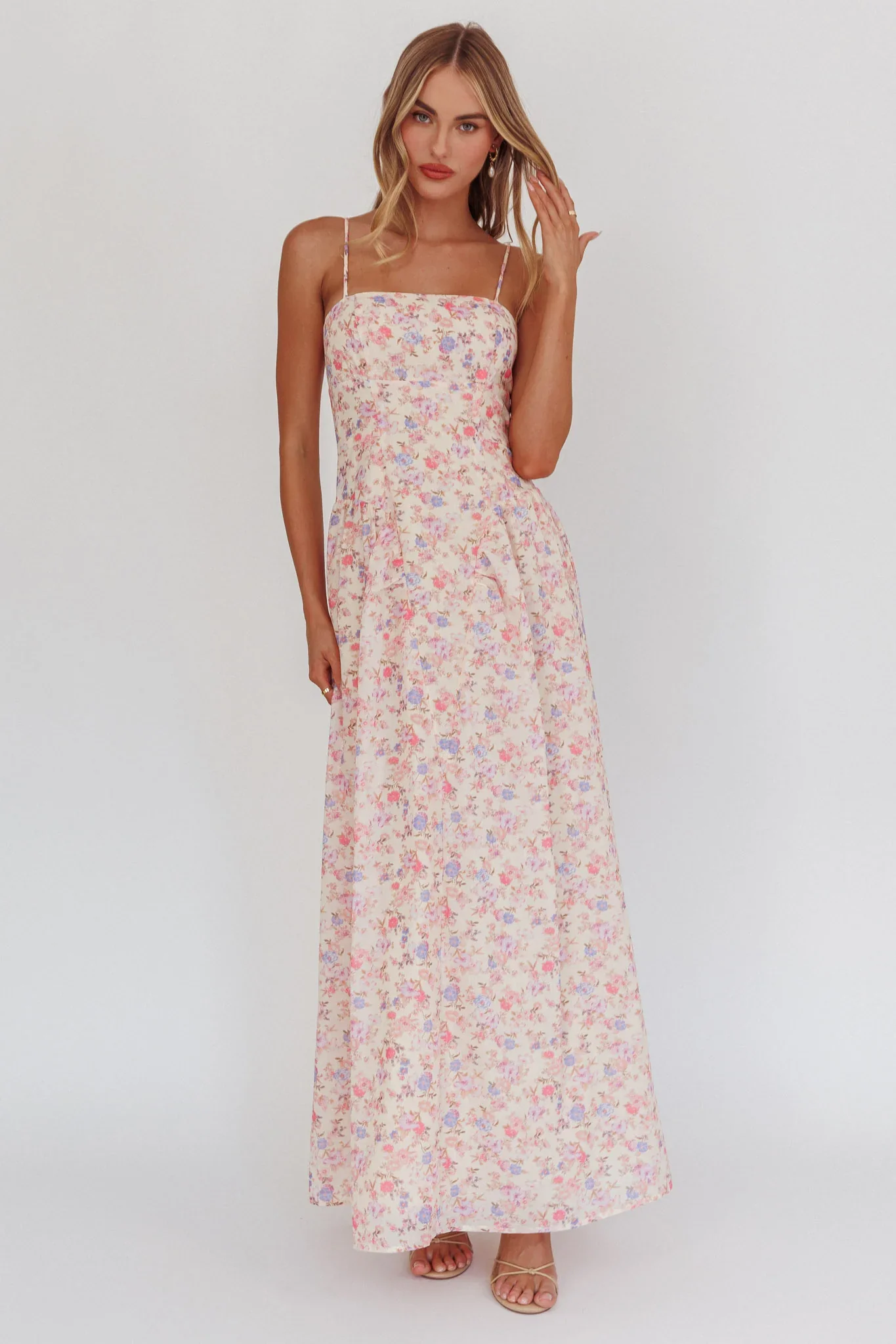 Daisy Day Basque Waist Maxi Dress Floral Blue