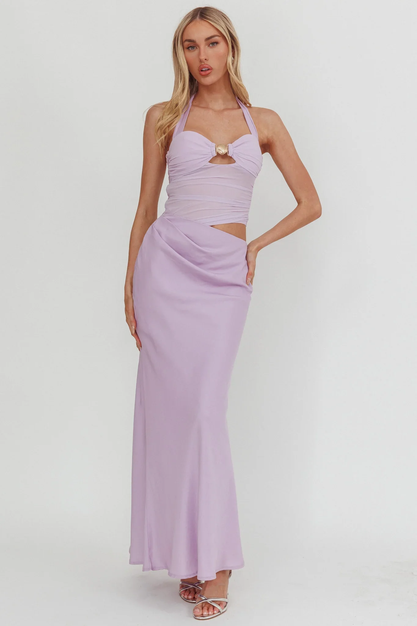 Sandy Shell Buckle Halter Maxi Dress Lilac