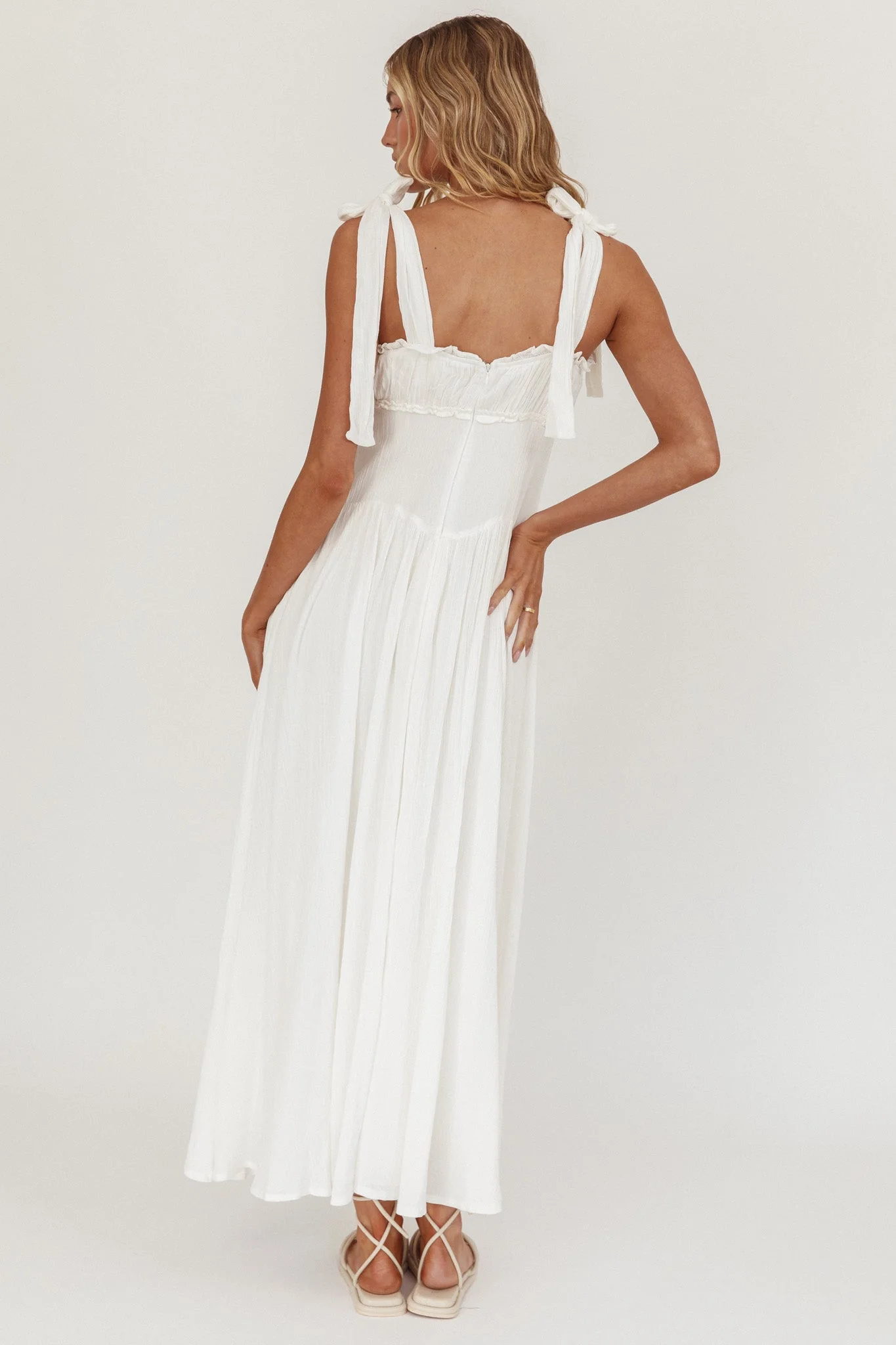 Albury Tied Shoulder Basque Waist Midi Dress White