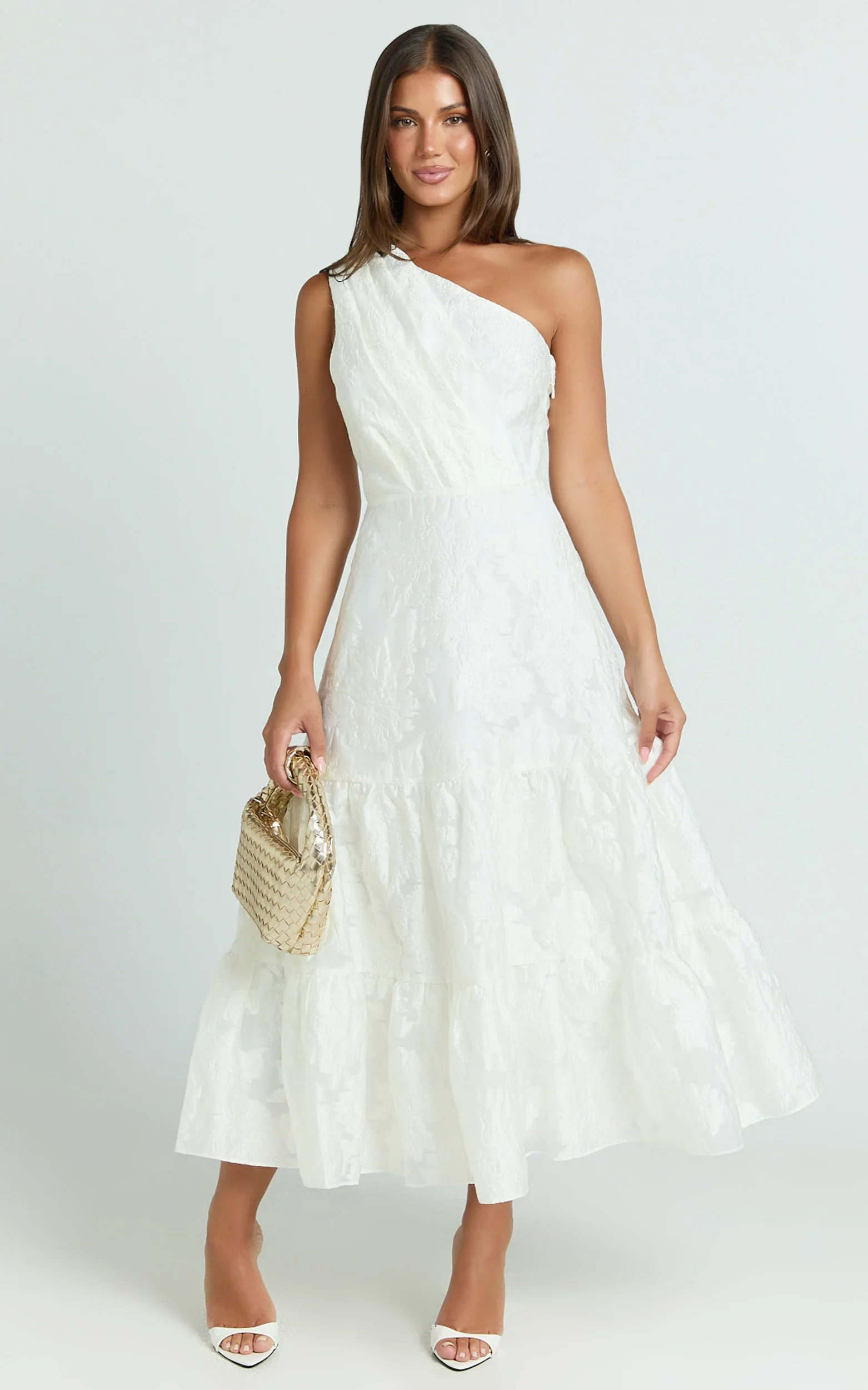 Nadette Midi Dress One Shoulder Pleated Tiered Dress in White