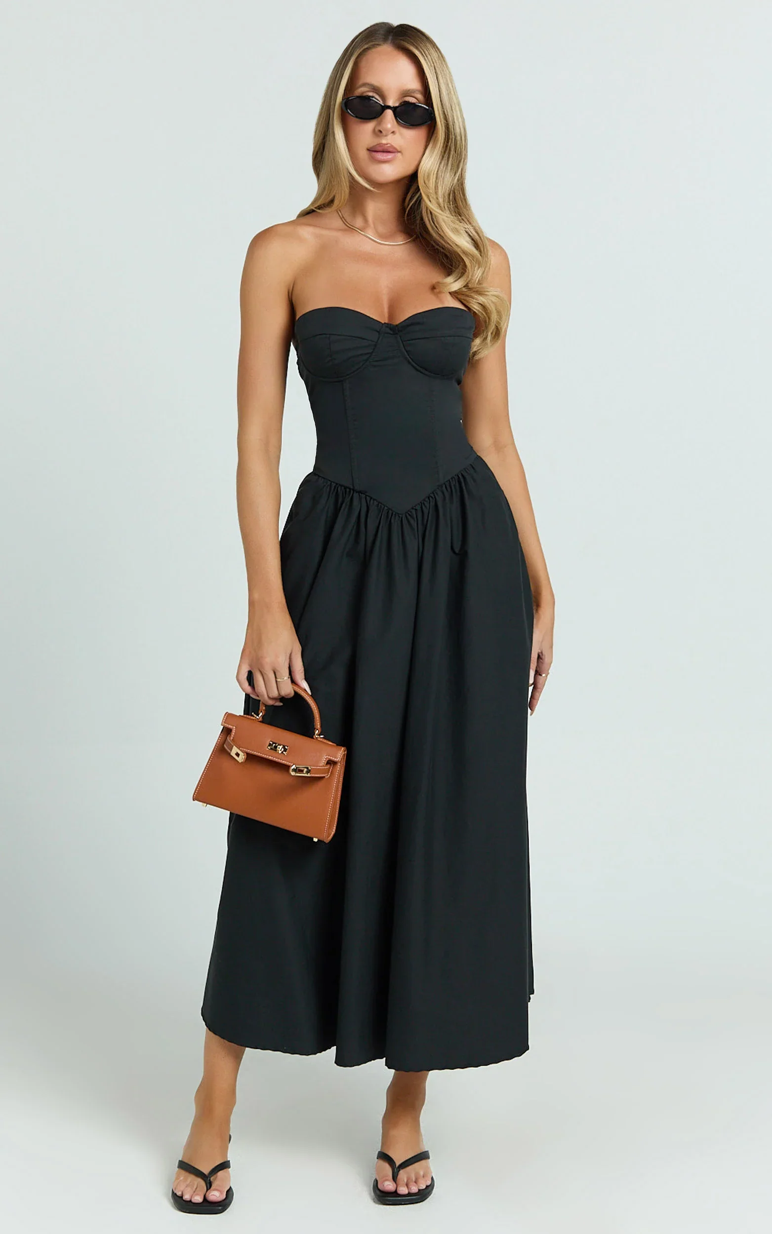 Daria Midi Dress Strapless Corset Gathered Dress in Black