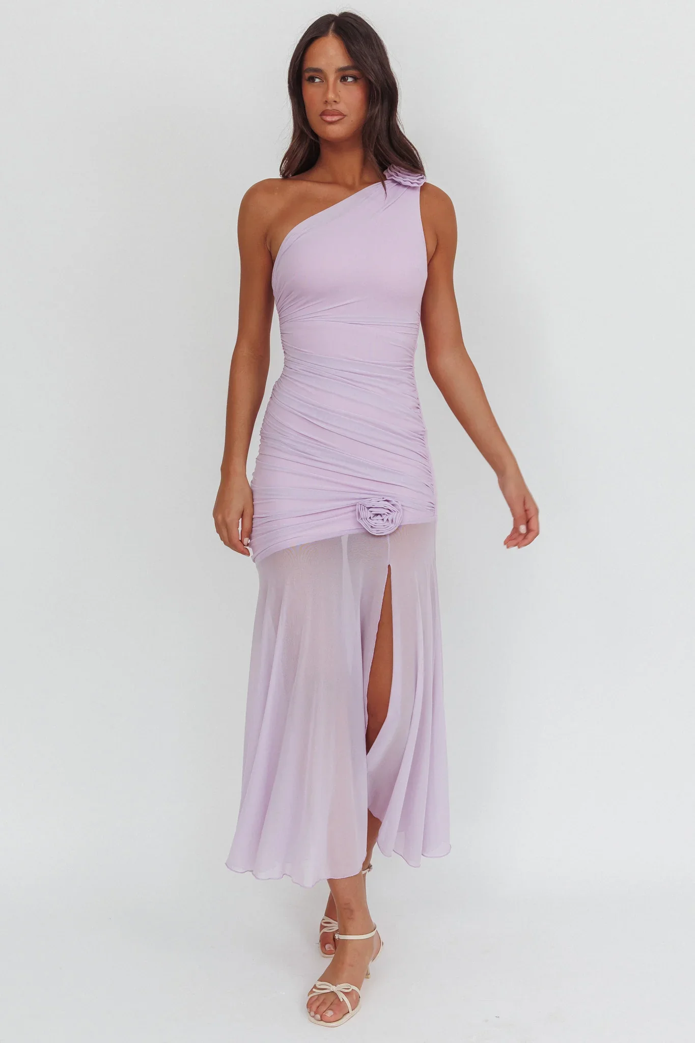 Lost Love One-Shoulder Sheer Hem Maxi Dress Lilac