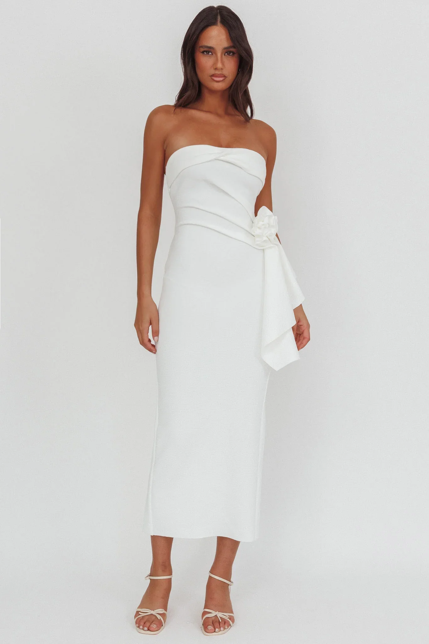Sasha Cascade Ruffle Rosette Midi Dress White