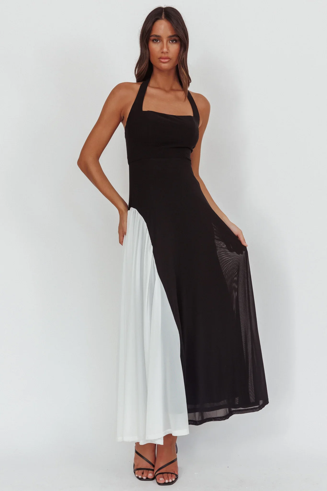 Lira Contrast Halter Maxi Dress Black White